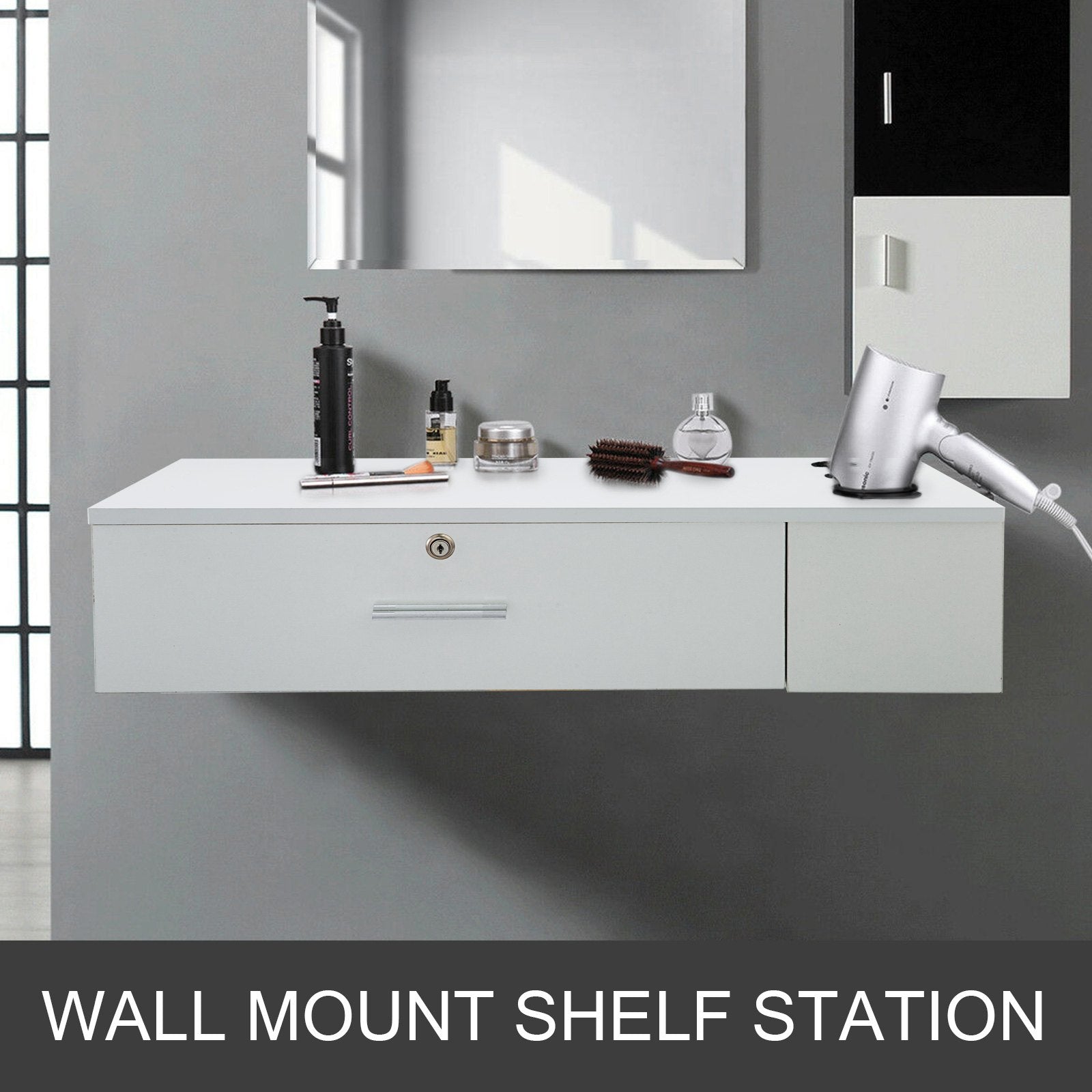 VEVOR Salon Station White Salon Wall Mount Stations Salon Cabinet Wall Mount Stations Hair Styling Classic Locking Single Drawer Storage Beauty Salon Spa Equipment Barber Stations 