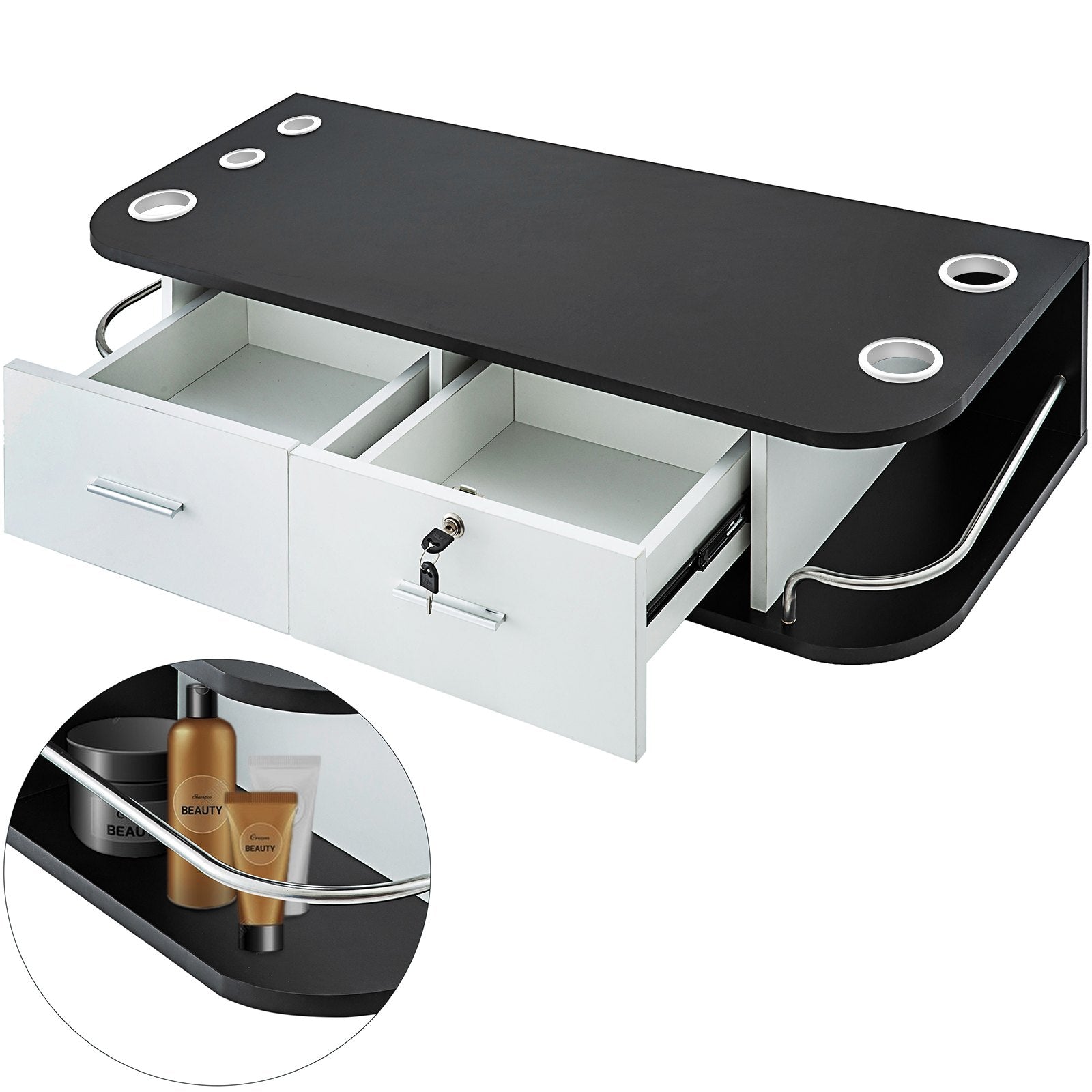 VEVOR Black Salon Wall Mount Styling Station Classic Locking 2 Drawers Storage Beauty Salon Spa Equipment Barber Station 