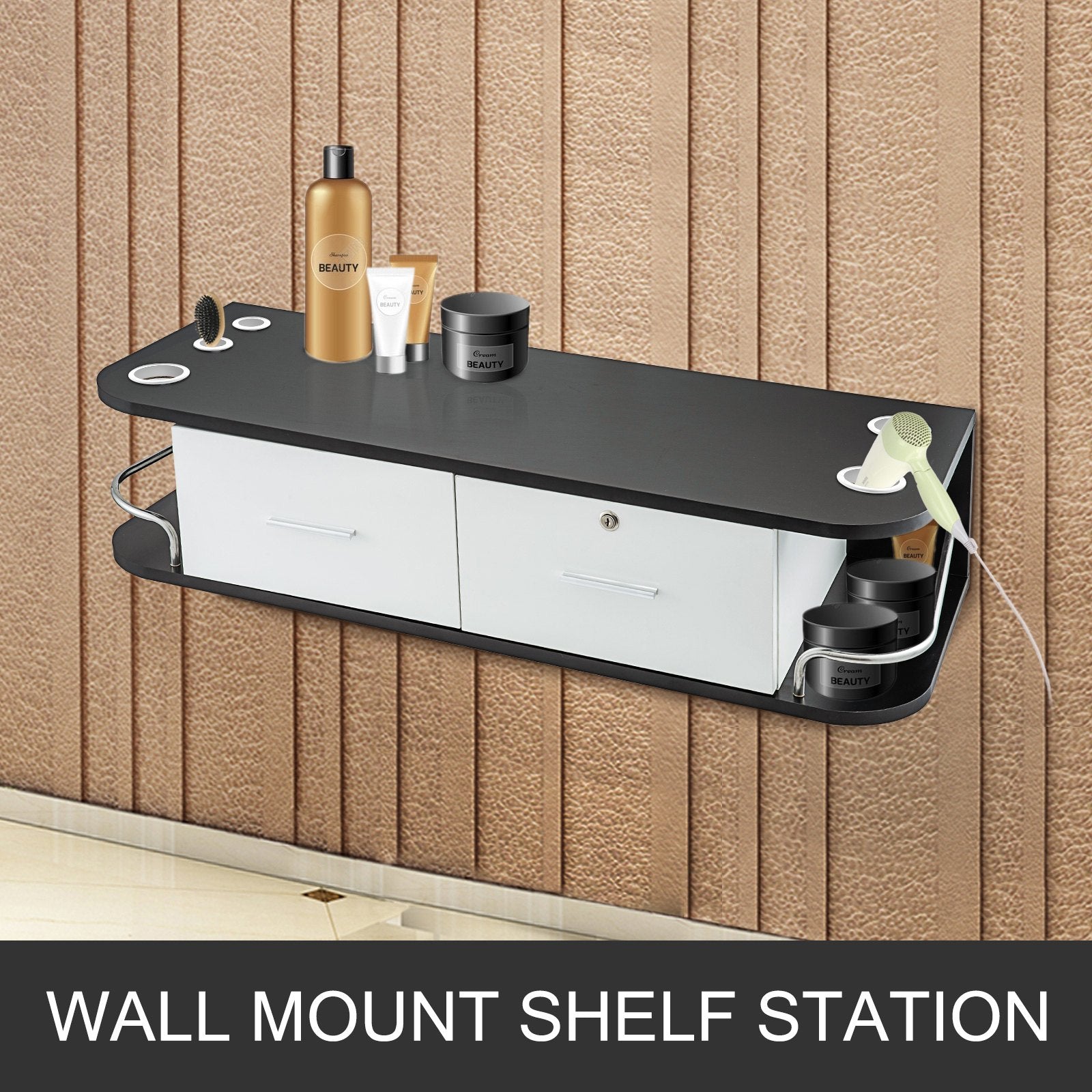 VEVOR Black Salon Wall Mount Styling Station Classic Locking 2 Drawers Storage Beauty Salon Spa Equipment Barber Station 