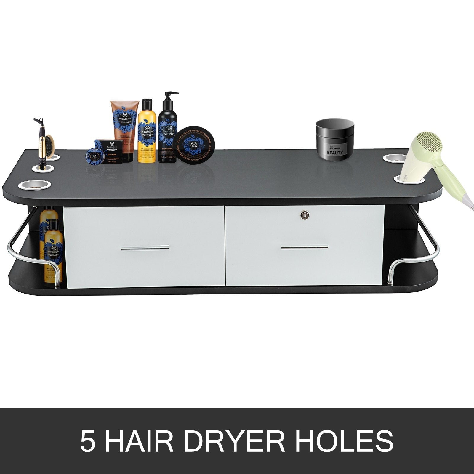 VEVOR Black Salon Wall Mount Styling Station Classic Locking 2 Drawers Storage Beauty Salon Spa Equipment Barber Station 