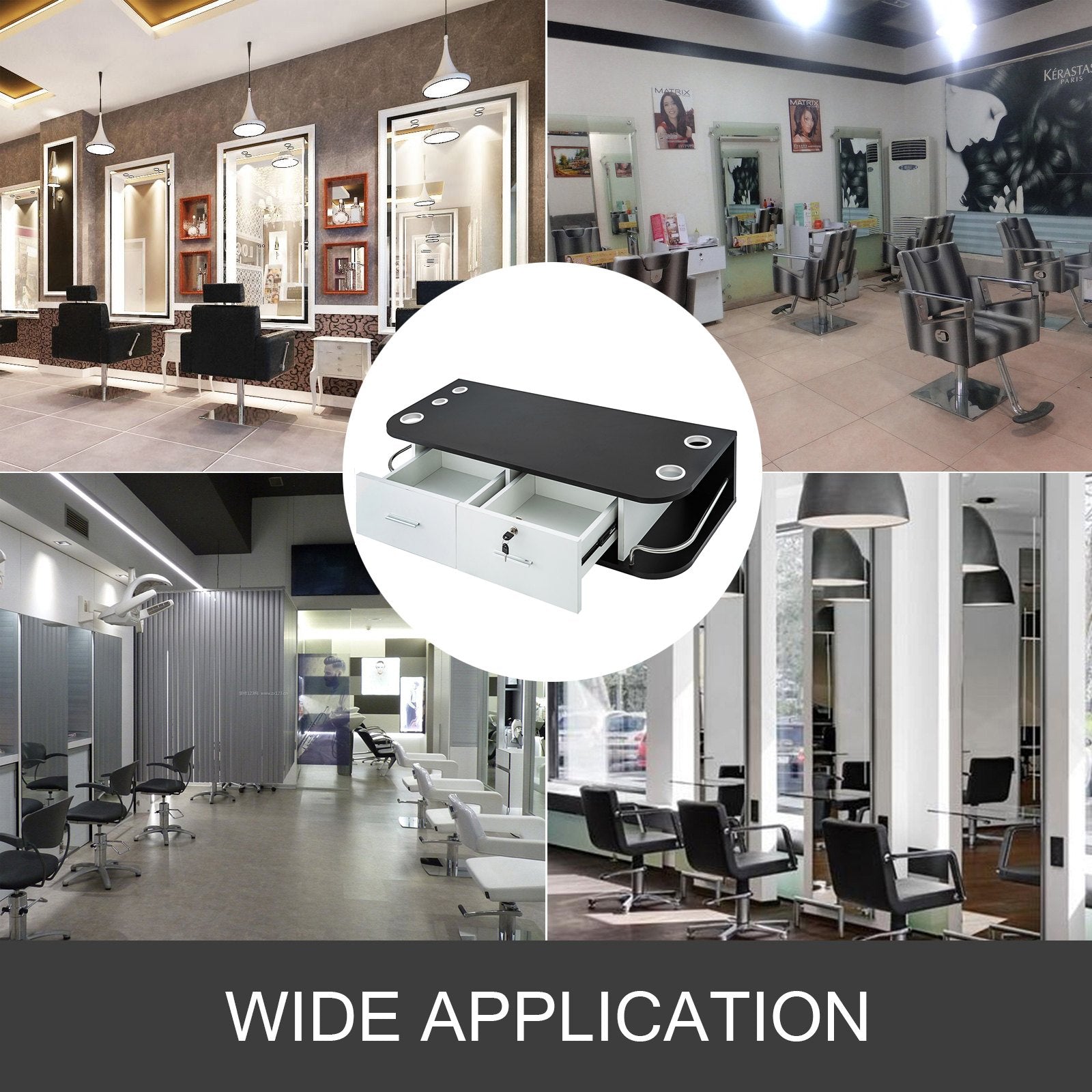 VEVOR Black Salon Wall Mount Styling Station Classic Locking 2 Drawers Storage Beauty Salon Spa Equipment Barber Station 