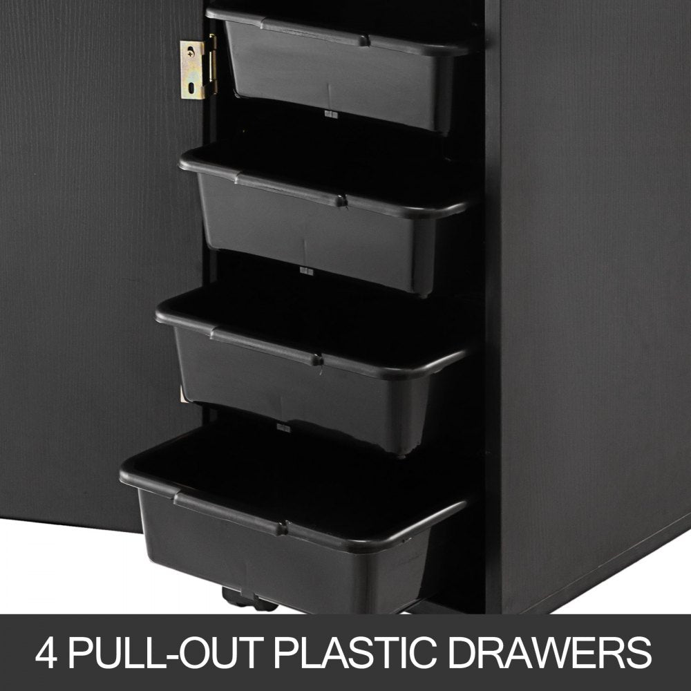 VEVOR Black Beauty Salon Trolley Storage Cart Salon SPA Trolley Cart with 4 Plastic Salon Storage Drawers Sliding Wheels 3 Hair Dryer Holes with Space-saving Side Tray Salon Stations 