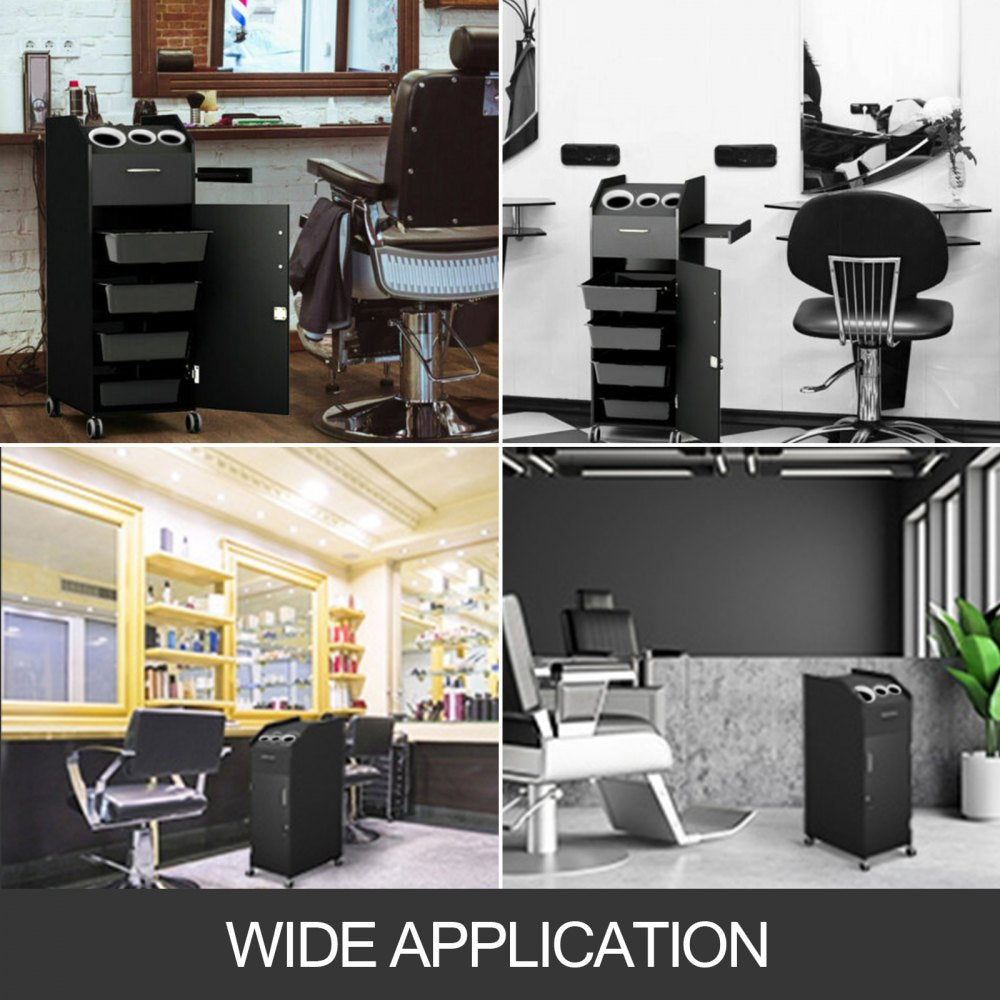VEVOR Black Beauty Salon Trolley Storage Cart Salon SPA Trolley Cart with 4 Plastic Salon Storage Drawers Sliding Wheels 3 Hair Dryer Holes with Space-saving Side Tray Salon Stations 