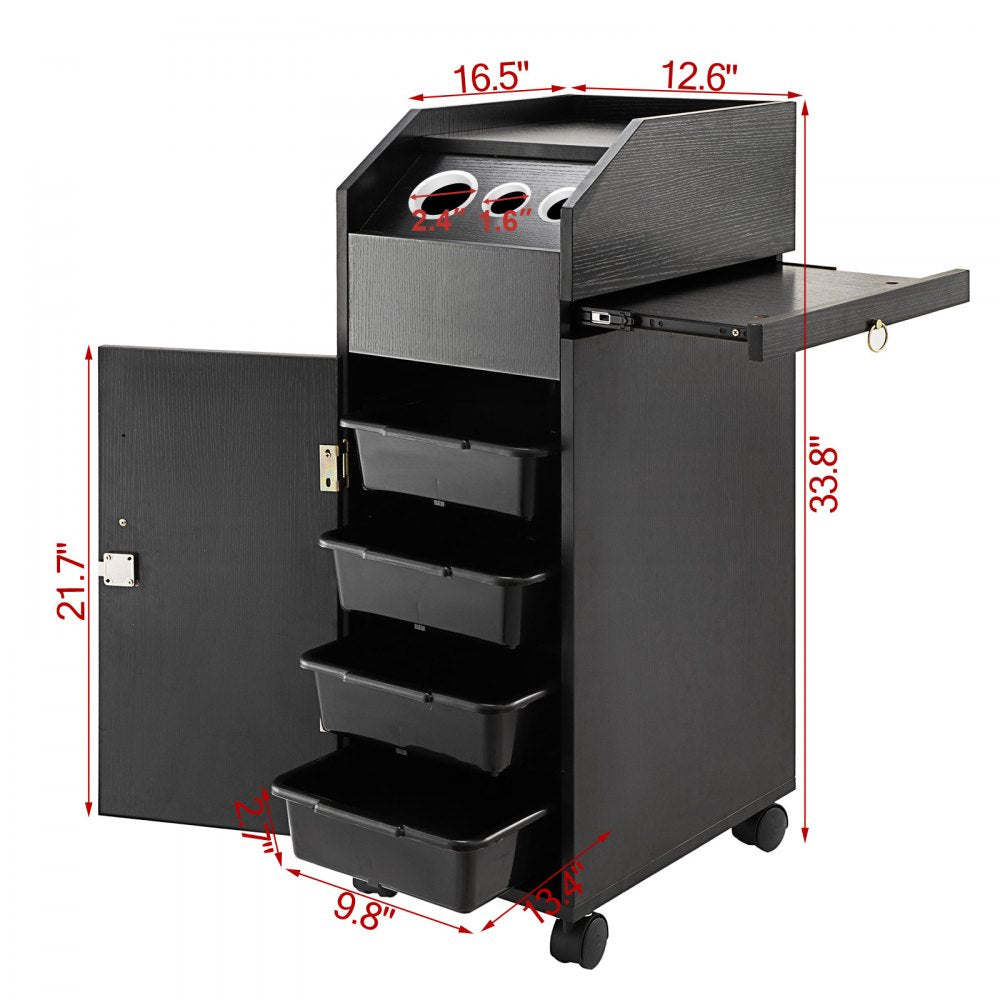 VEVOR Black Beauty Salon Trolley Storage Cart Salon SPA Trolley Cart with 4 Plastic Salon Storage Drawers Sliding Wheels 3 Hair Dryer Holes with Space-saving Side Tray Salon Stations 