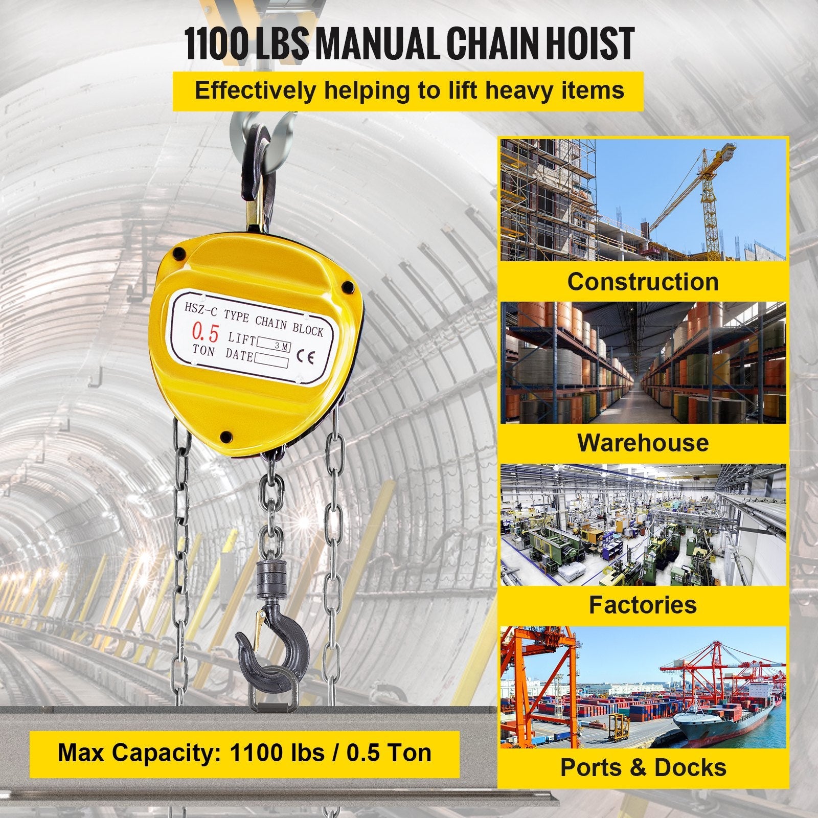 VEVOR Chain Hoist 1100lbs/0.5ton, Chain Block Hoist Manual Chain Hoist 10ft/3m Block Chain Hand Chain Lifting Hoist w/Two Hooks Chain Pulley Tackle Hoist Winch Lifting Pulling Equipment in Yellow 