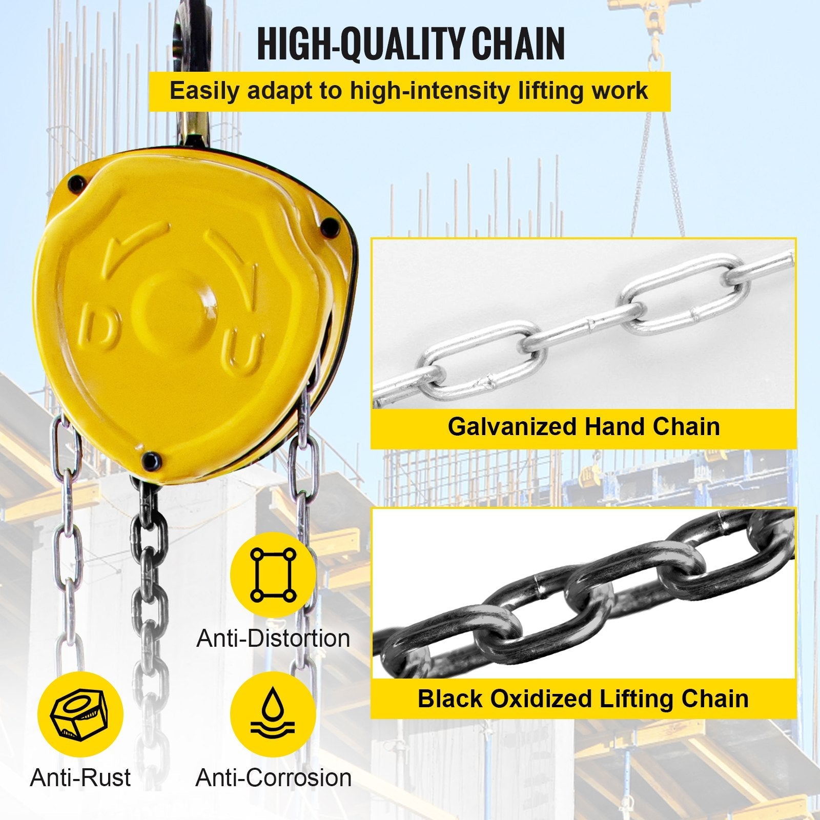 VEVOR Chain Hoist 1100lbs/0.5ton, Chain Block Hoist Manual Chain Hoist 10ft/3m Block Chain Hand Chain Lifting Hoist w/Two Hooks Chain Pulley Tackle Hoist Winch Lifting Pulling Equipment in Yellow 