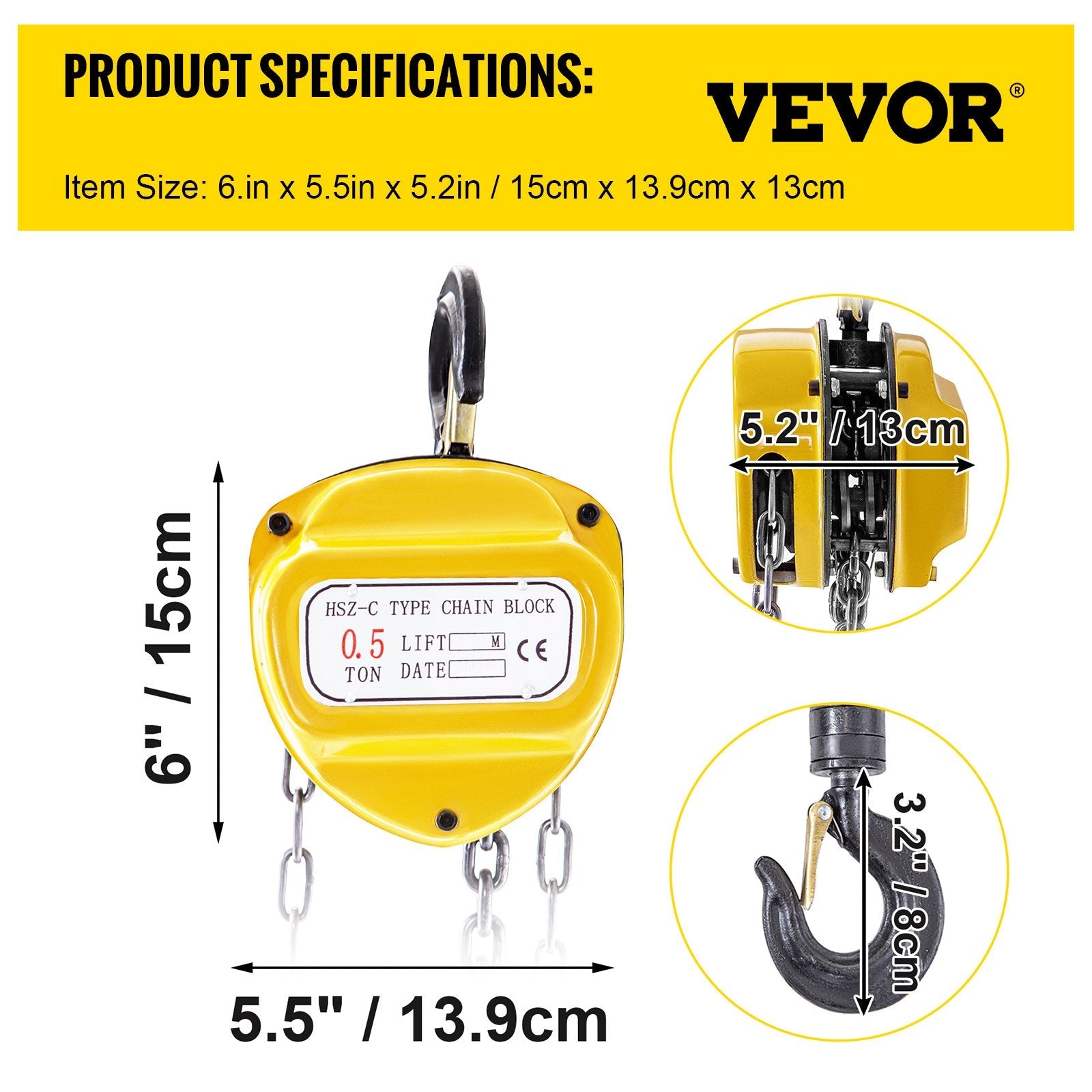 VEVOR Chain Hoist 1100lbs/0.5ton, Chain Block Hoist Manual Chain Hoist 10ft/3m Block Chain Hand Chain Lifting Hoist w/Two Hooks Chain Pulley Tackle Hoist Winch Lifting Pulling Equipment in Yellow 