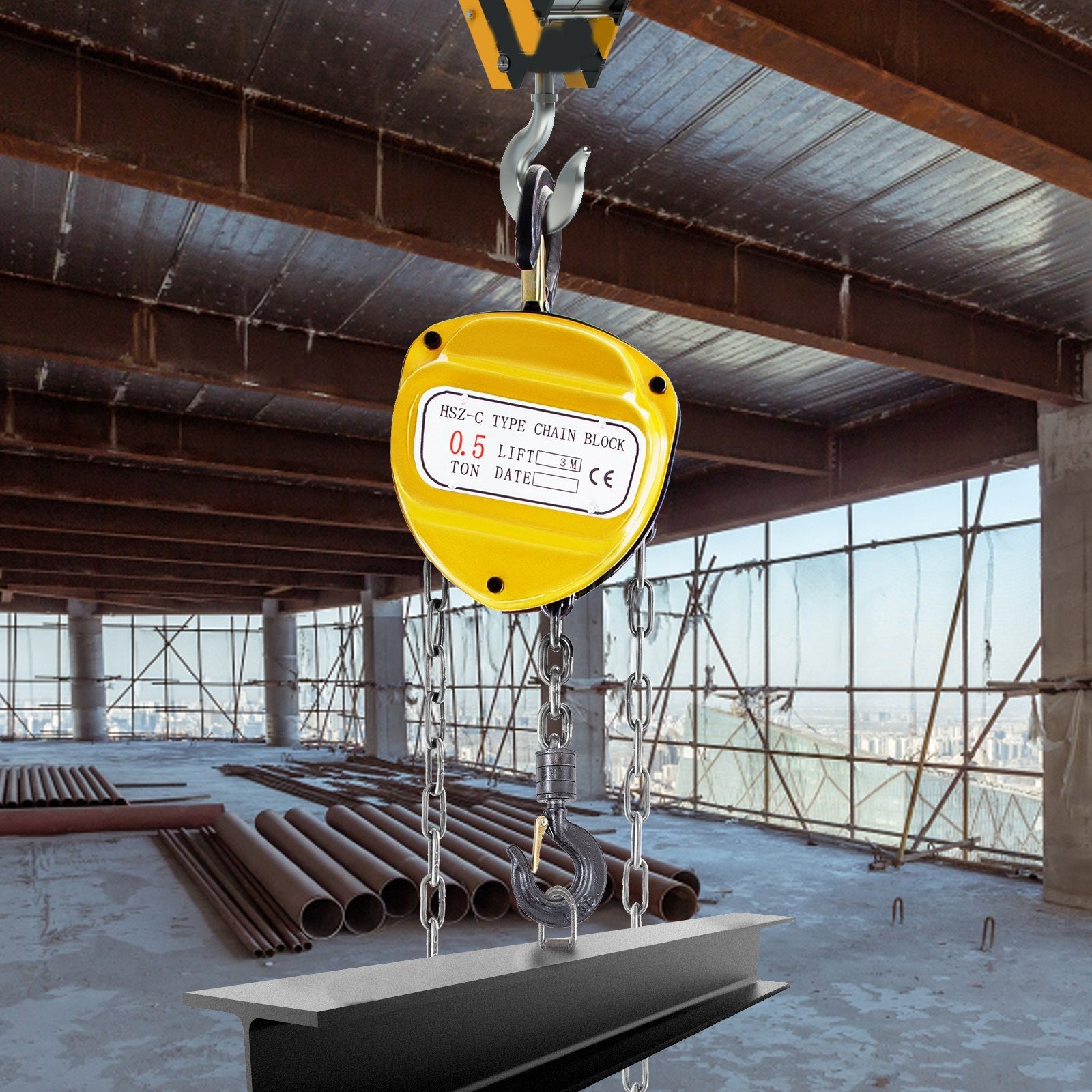 VEVOR Chain Hoist 1100lbs/0.5ton, Chain Block Hoist Manual Chain Hoist 10ft/3m Block Chain Hand Chain Lifting Hoist w/Two Hooks Chain Pulley Tackle Hoist Winch Lifting Pulling Equipment in Yellow 