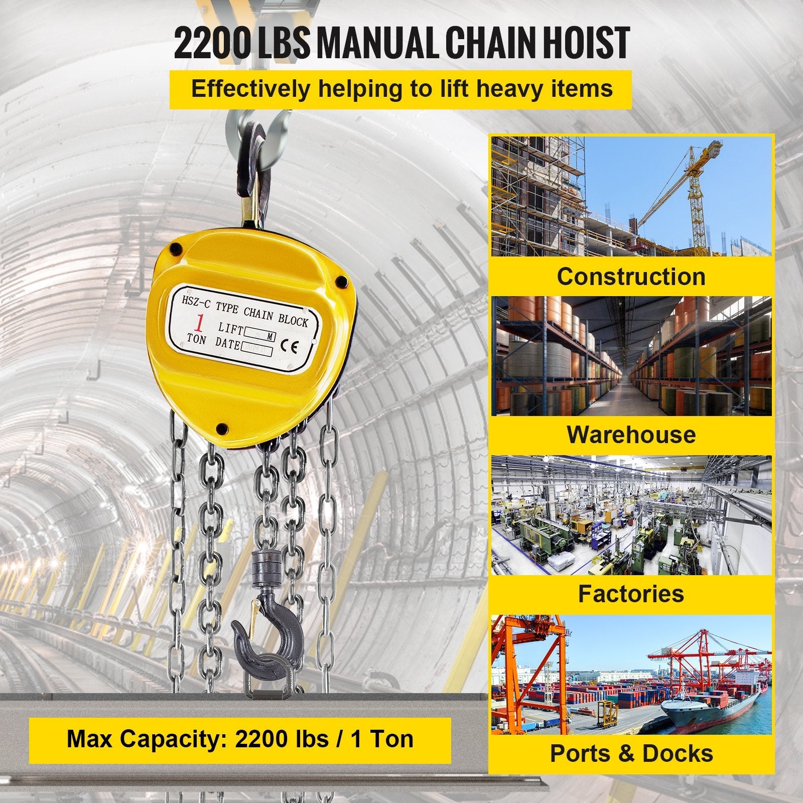 VEVOR Chain Hoist 2200lbs/1ton Chain Block Hoist Manual Chain Hoist 3m/10ft Block Chain Hand Chain Lifting Hoist w/Two Hooks Chain Pulley Tackle Hoist Winch Lifting Pulling Equipment Yellow 