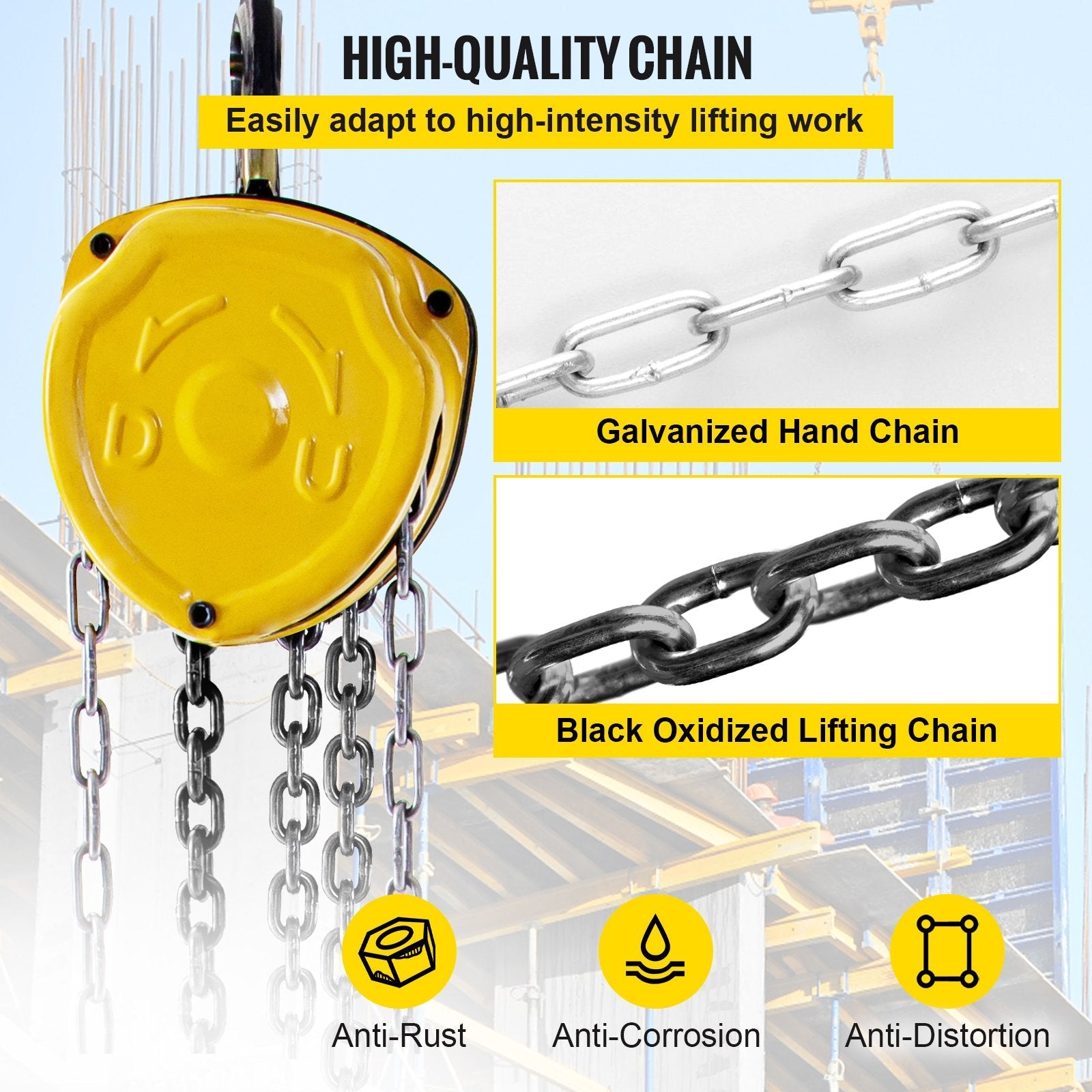 VEVOR Chain Hoist 2200lbs/1ton Chain Block Hoist Manual Chain Hoist 3m/10ft Block Chain Hand Chain Lifting Hoist w/Two Hooks Chain Pulley Tackle Hoist Winch Lifting Pulling Equipment Yellow 