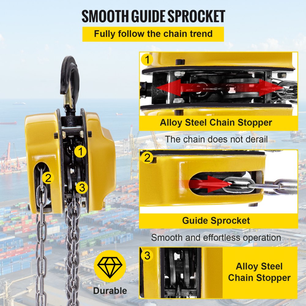 VEVOR Chain Hoist, 2200lbs/1ton Chain Block Hoist, 6m/20ft Manual Chain Hoist, Block Chain Hand Chain Lifting Hoist w/ Two Hooks Chain Pulley Tackle Hoist Winch Lifting Pulling Equipment, Yellow 