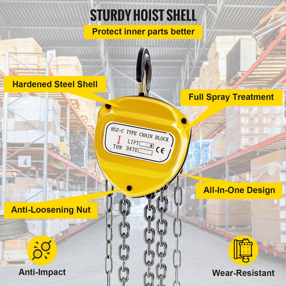 VEVOR Chain Hoist, 2200lbs/1ton Chain Block Hoist, 6m/20ft Manual Chain Hoist, Block Chain Hand Chain Lifting Hoist w/ Two Hooks Chain Pulley Tackle Hoist Winch Lifting Pulling Equipment, Yellow 
