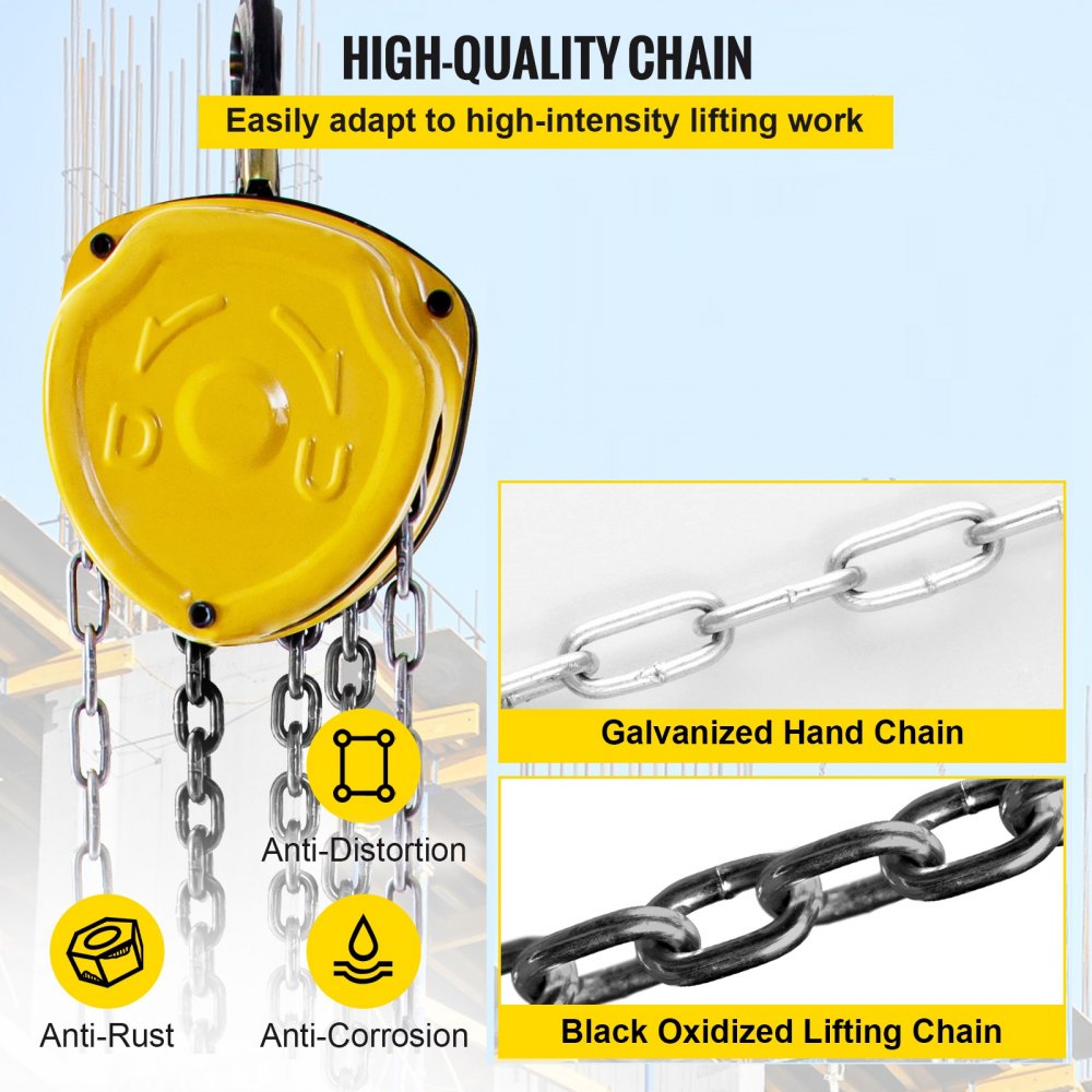 VEVOR Chain Hoist, 2200lbs/1ton Chain Block Hoist, 6m/20ft Manual Chain Hoist, Block Chain Hand Chain Lifting Hoist w/ Two Hooks Chain Pulley Tackle Hoist Winch Lifting Pulling Equipment, Yellow 