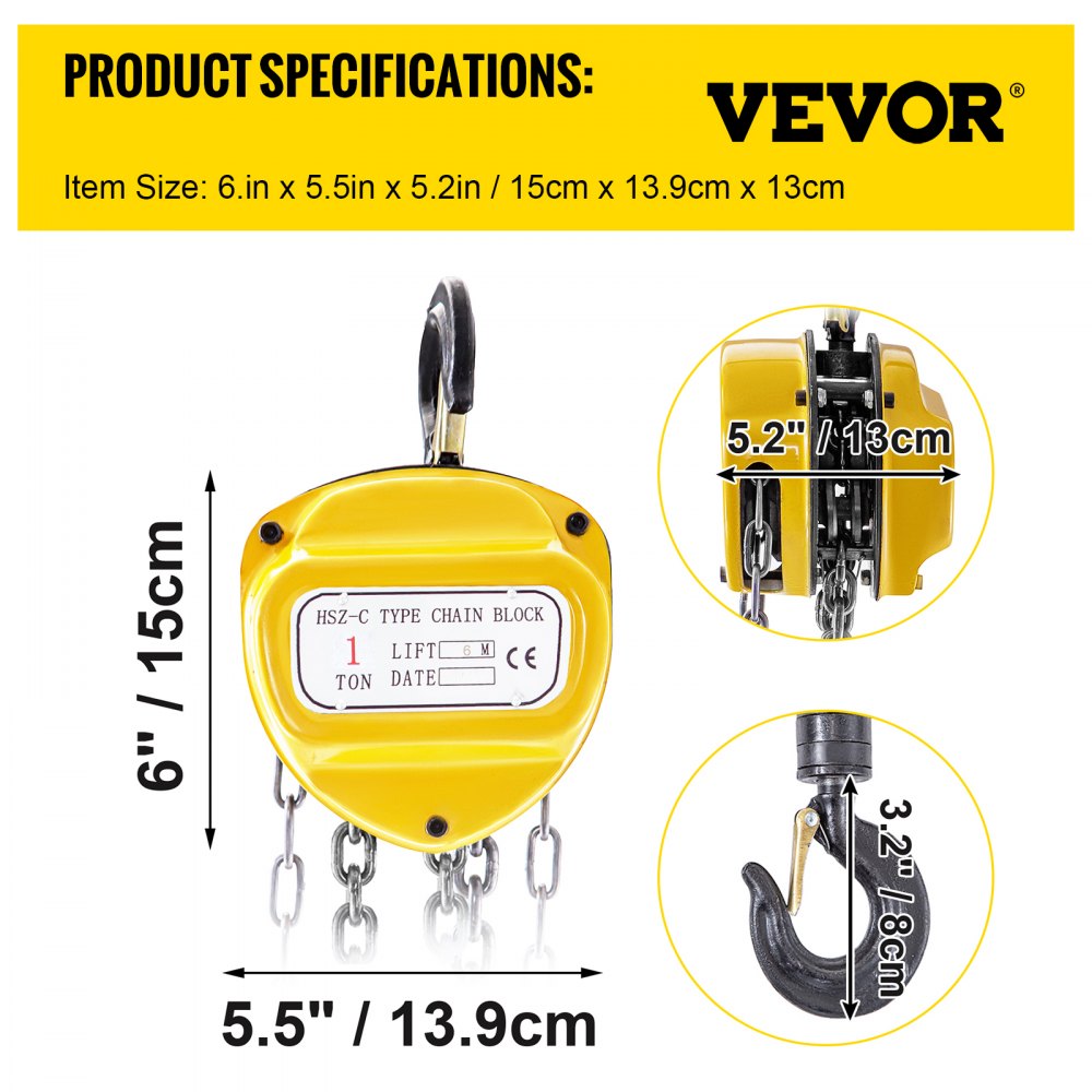 VEVOR Chain Hoist, 2200lbs/1ton Chain Block Hoist, 6m/20ft Manual Chain Hoist, Block Chain Hand Chain Lifting Hoist w/ Two Hooks Chain Pulley Tackle Hoist Winch Lifting Pulling Equipment, Yellow 