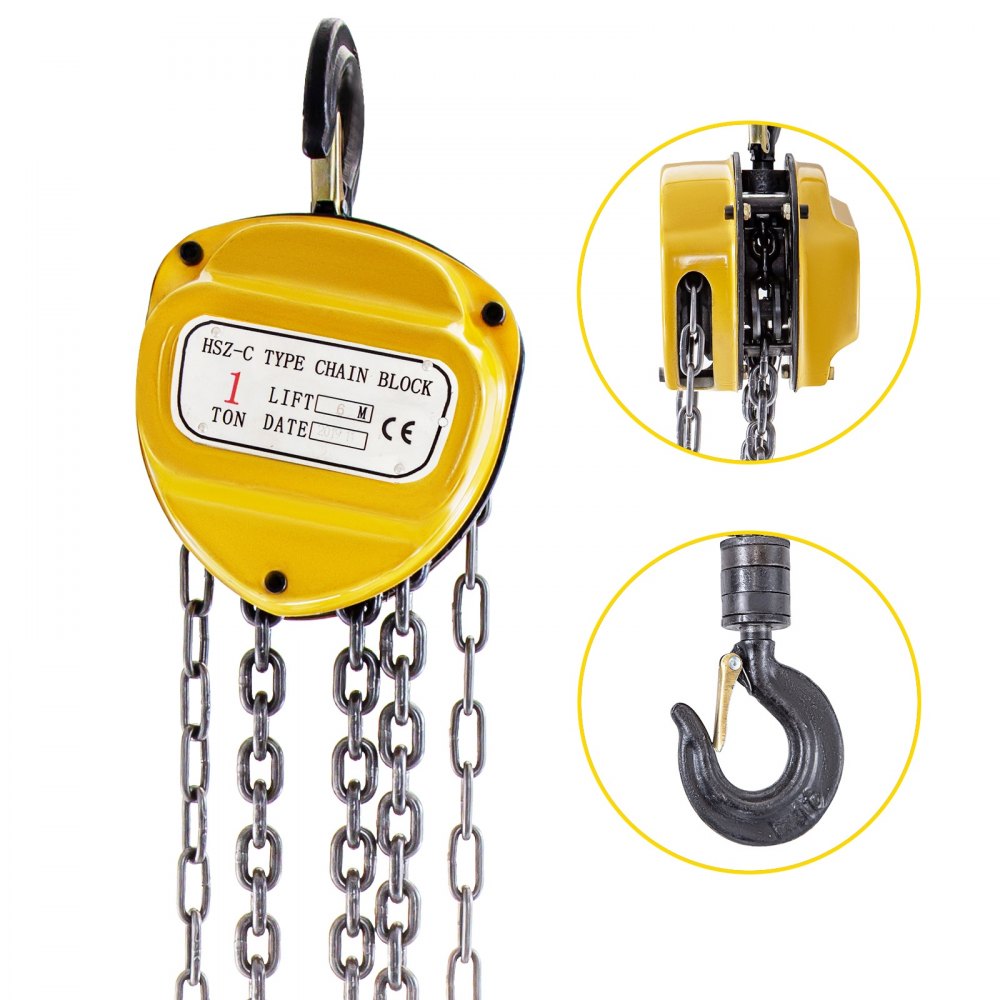 VEVOR Chain Hoist, 2200lbs/1ton Chain Block Hoist, 6m/20ft Manual Chain Hoist, Block Chain Hand Chain Lifting Hoist w/ Two Hooks Chain Pulley Tackle Hoist Winch Lifting Pulling Equipment, Yellow 