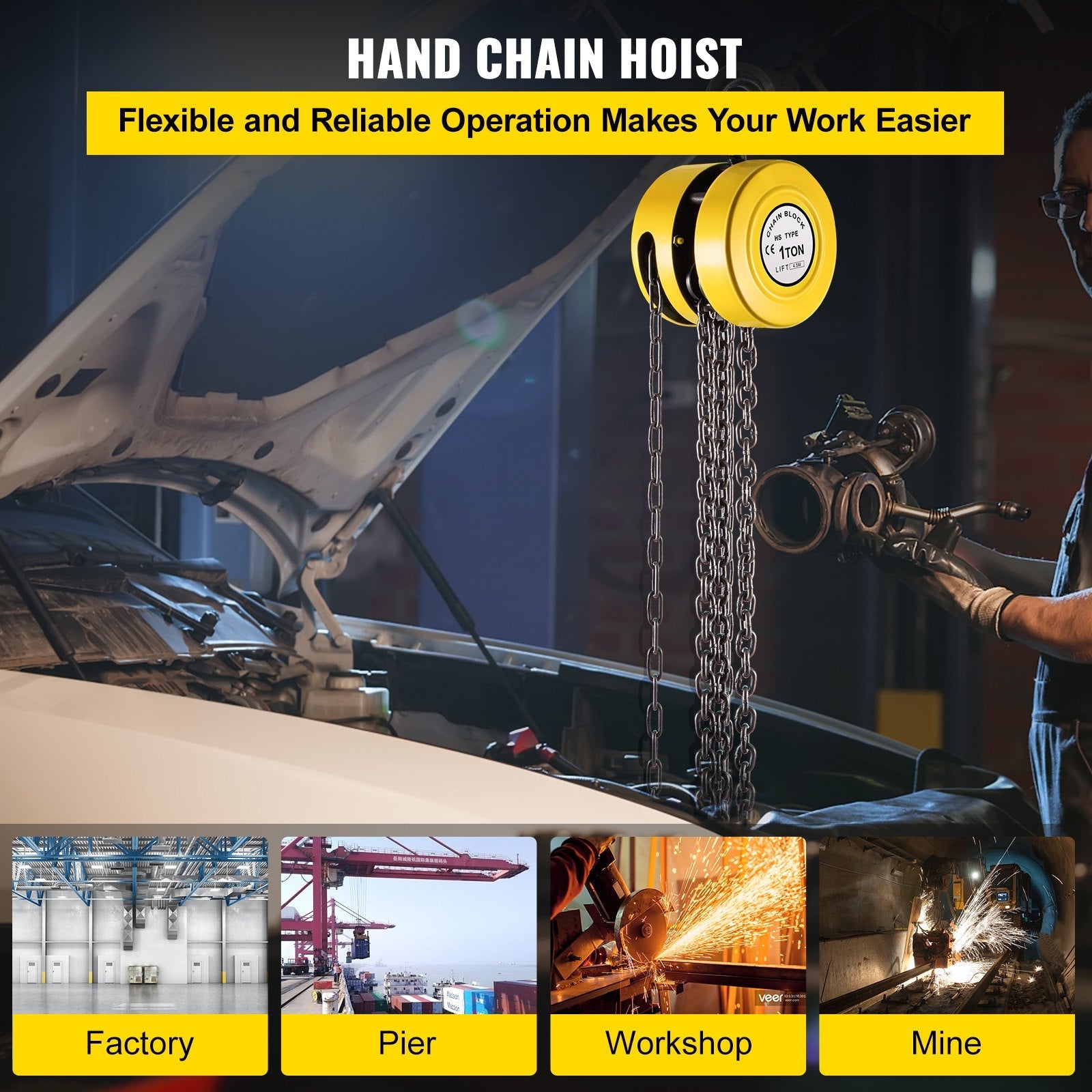 VEVOR Hand Chain Hoist, 2200 lbs /1 Ton Capacity Chain Block, 15ft/4.5m Lift Manual Hand Chain Block, Manual Hoist w/ Industrial-Grade Steel Construction for Lifting Good in Transport & Workshop, Yell 