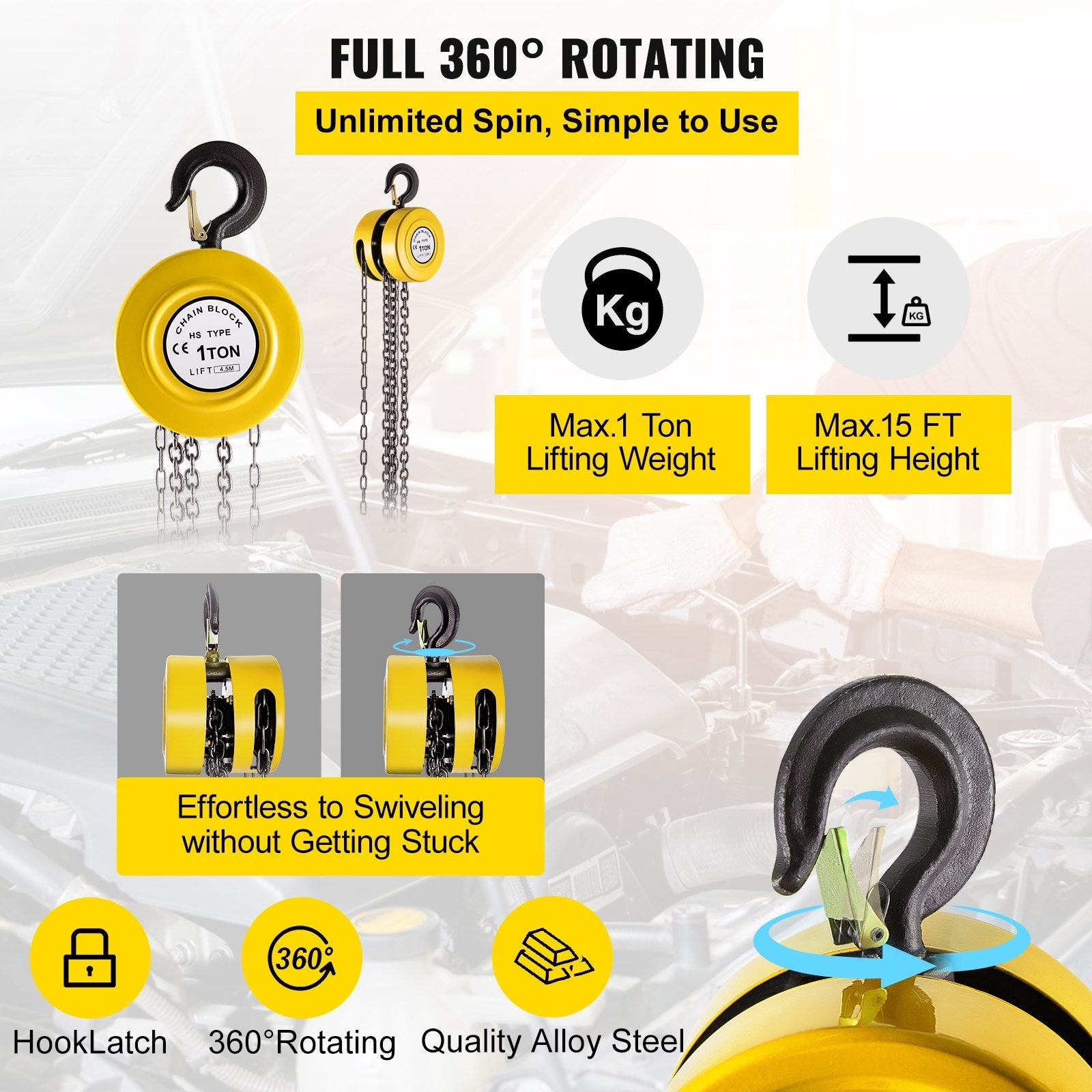 VEVOR Hand Chain Hoist, 2200 lbs /1 Ton Capacity Chain Block, 15ft/4.5m Lift Manual Hand Chain Block, Manual Hoist w/ Industrial-Grade Steel Construction for Lifting Good in Transport & Workshop, Yell 
