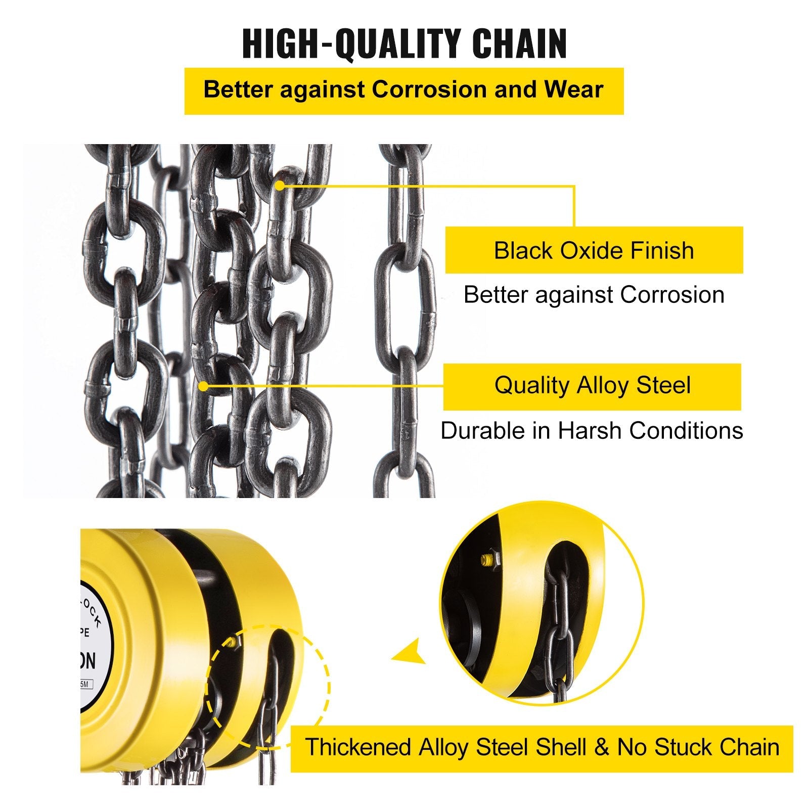 VEVOR Hand Chain Hoist, 2200 lbs /1 Ton Capacity Chain Block, 15ft/4.5m Lift Manual Hand Chain Block, Manual Hoist w/ Industrial-Grade Steel Construction for Lifting Good in Transport & Workshop, Yell 