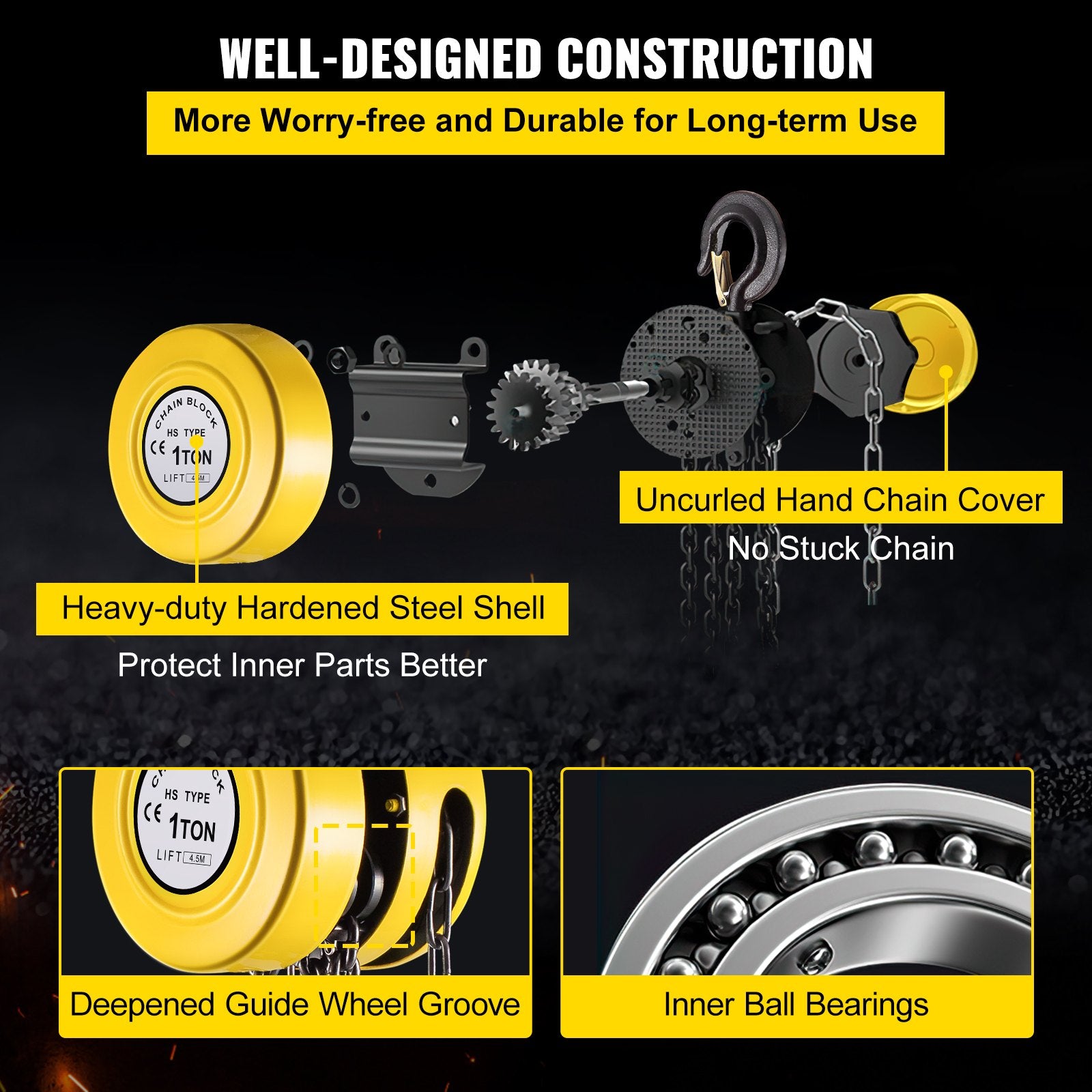 VEVOR Hand Chain Hoist, 2200 lbs /1 Ton Capacity Chain Block, 15ft/4.5m Lift Manual Hand Chain Block, Manual Hoist w/ Industrial-Grade Steel Construction for Lifting Good in Transport & Workshop, Yell 
