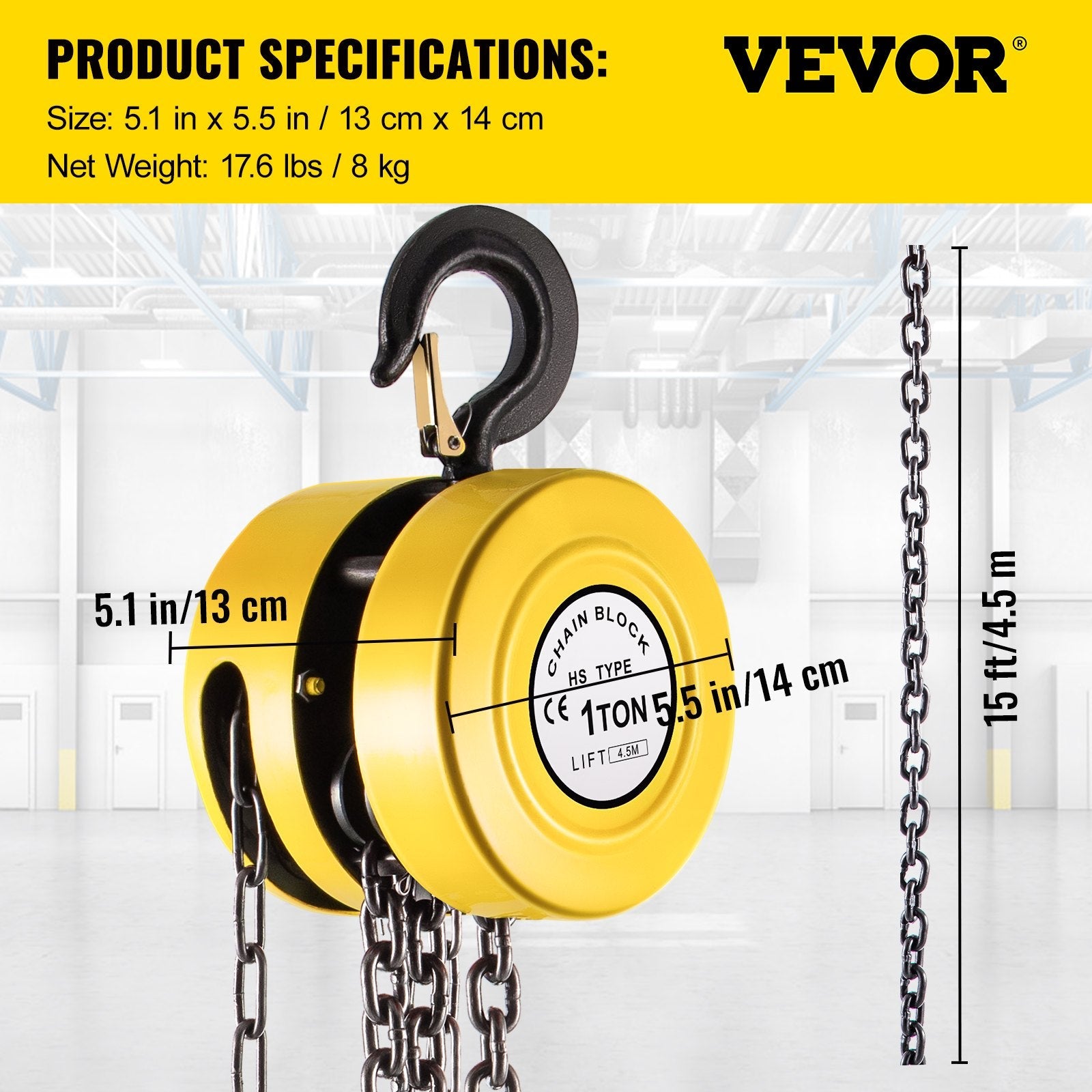 VEVOR Hand Chain Hoist, 2200 lbs /1 Ton Capacity Chain Block, 15ft/4.5m Lift Manual Hand Chain Block, Manual Hoist w/ Industrial-Grade Steel Construction for Lifting Good in Transport & Workshop, Yell 