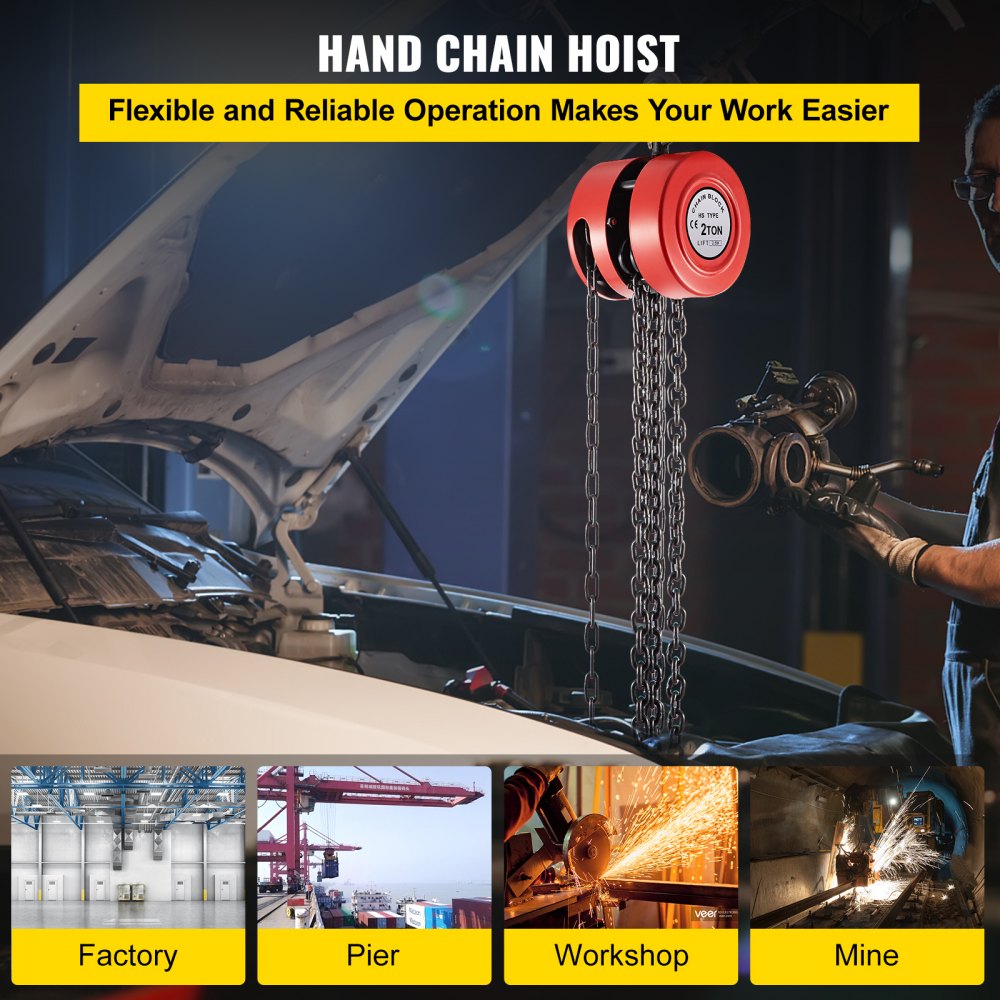VEVOR Hand Chain Hoist, 4400 lbs /2 Ton Capacity Chain Block, 8ft/2.5m Lift Manual Hand Chain Block, Manual Hoist w/ Industrial-Grade Steel Construction for Lifting Good in Transport & Workshop, Red 