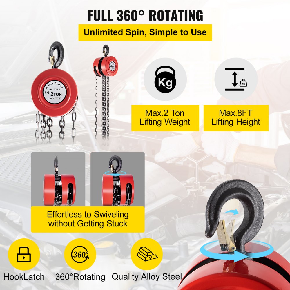 VEVOR Hand Chain Hoist, 4400 lbs /2 Ton Capacity Chain Block, 8ft/2.5m Lift Manual Hand Chain Block, Manual Hoist w/ Industrial-Grade Steel Construction for Lifting Good in Transport & Workshop, Red 