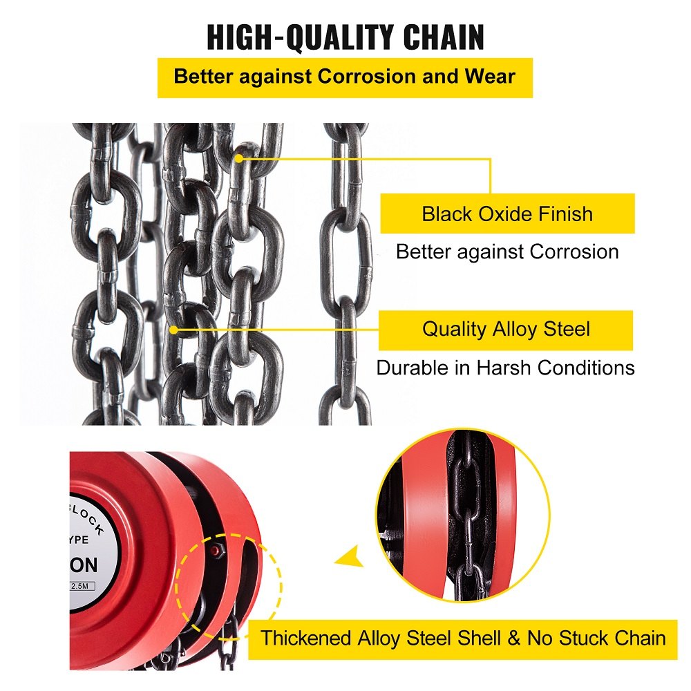 VEVOR Hand Chain Hoist, 4400 lbs /2 Ton Capacity Chain Block, 8ft/2.5m Lift Manual Hand Chain Block, Manual Hoist w/ Industrial-Grade Steel Construction for Lifting Good in Transport & Workshop, Red 