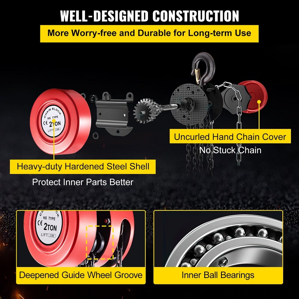 VEVOR Hand Chain Hoist, 4400 lbs /2 Ton Capacity Chain Block, 8ft/2.5m Lift Manual Hand Chain Block, Manual Hoist w/ Industrial-Grade Steel Construction for Lifting Good in Transport & Workshop, Red 