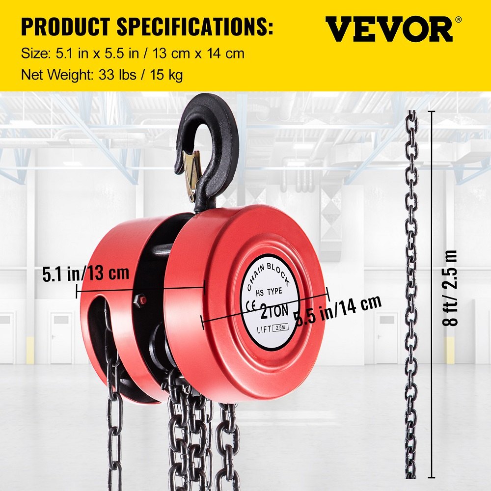 VEVOR Hand Chain Hoist, 4400 lbs /2 Ton Capacity Chain Block, 8ft/2.5m Lift Manual Hand Chain Block, Manual Hoist w/ Industrial-Grade Steel Construction for Lifting Good in Transport & Workshop, Red 