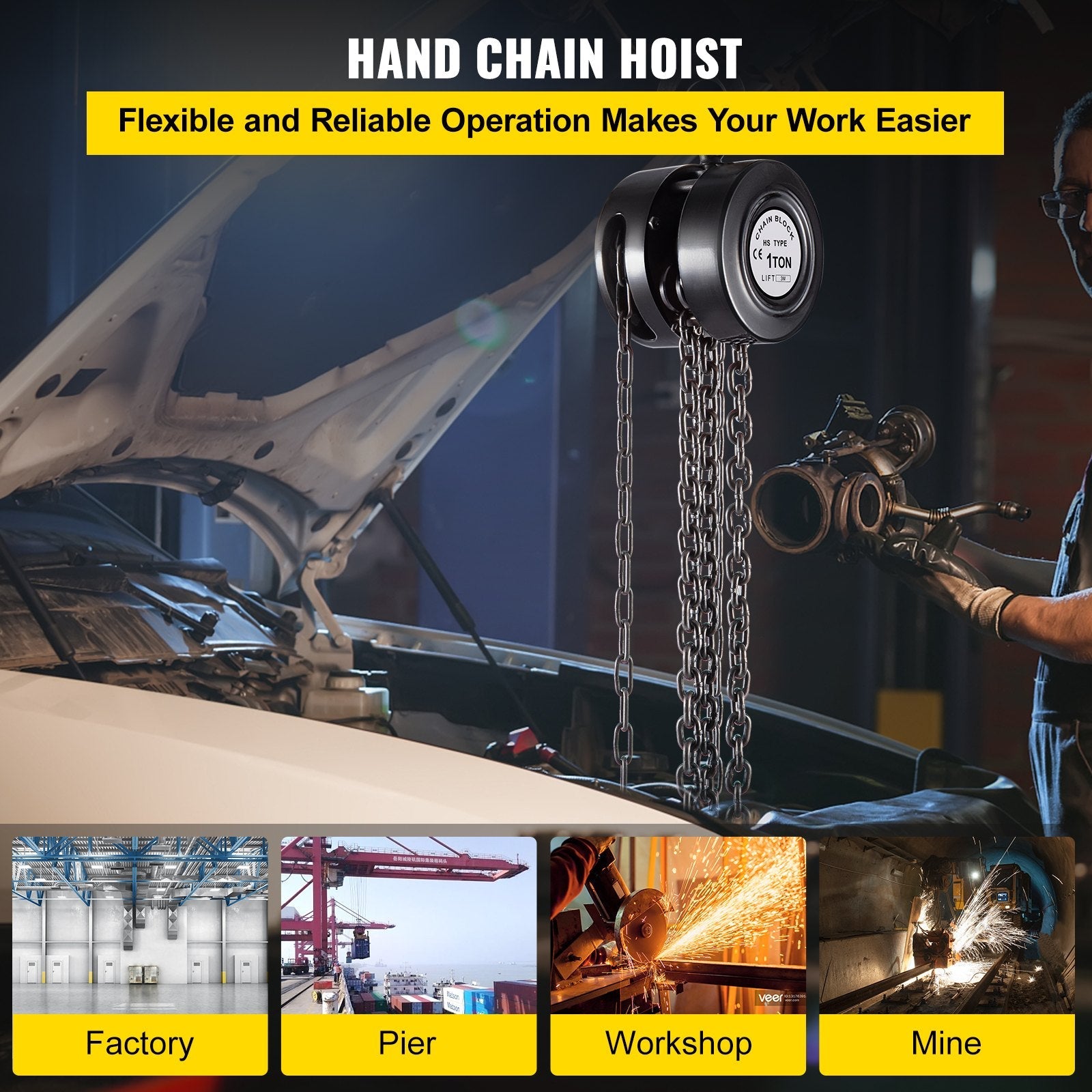 VEVOR Hand Chain Hoist, 2200 lbs /1 Ton Capacity Chain Block, 10ft/3m Lift Manual Hand Chain Block, Manual Hoist w/ Industrial-Grade Steel Construction for Lifting Good in Transport & Workshop, Black 