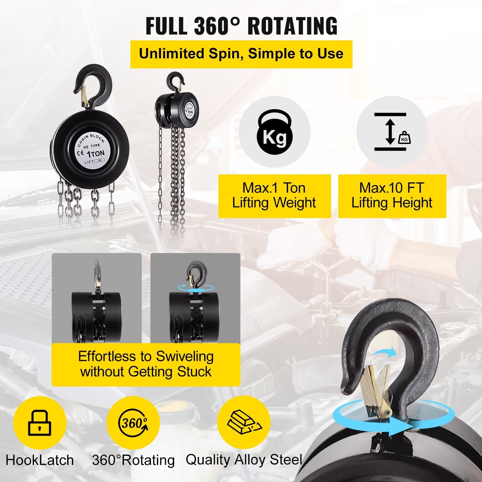 VEVOR Hand Chain Hoist, 2200 lbs /1 Ton Capacity Chain Block, 10ft/3m Lift Manual Hand Chain Block, Manual Hoist w/ Industrial-Grade Steel Construction for Lifting Good in Transport & Workshop, Black 