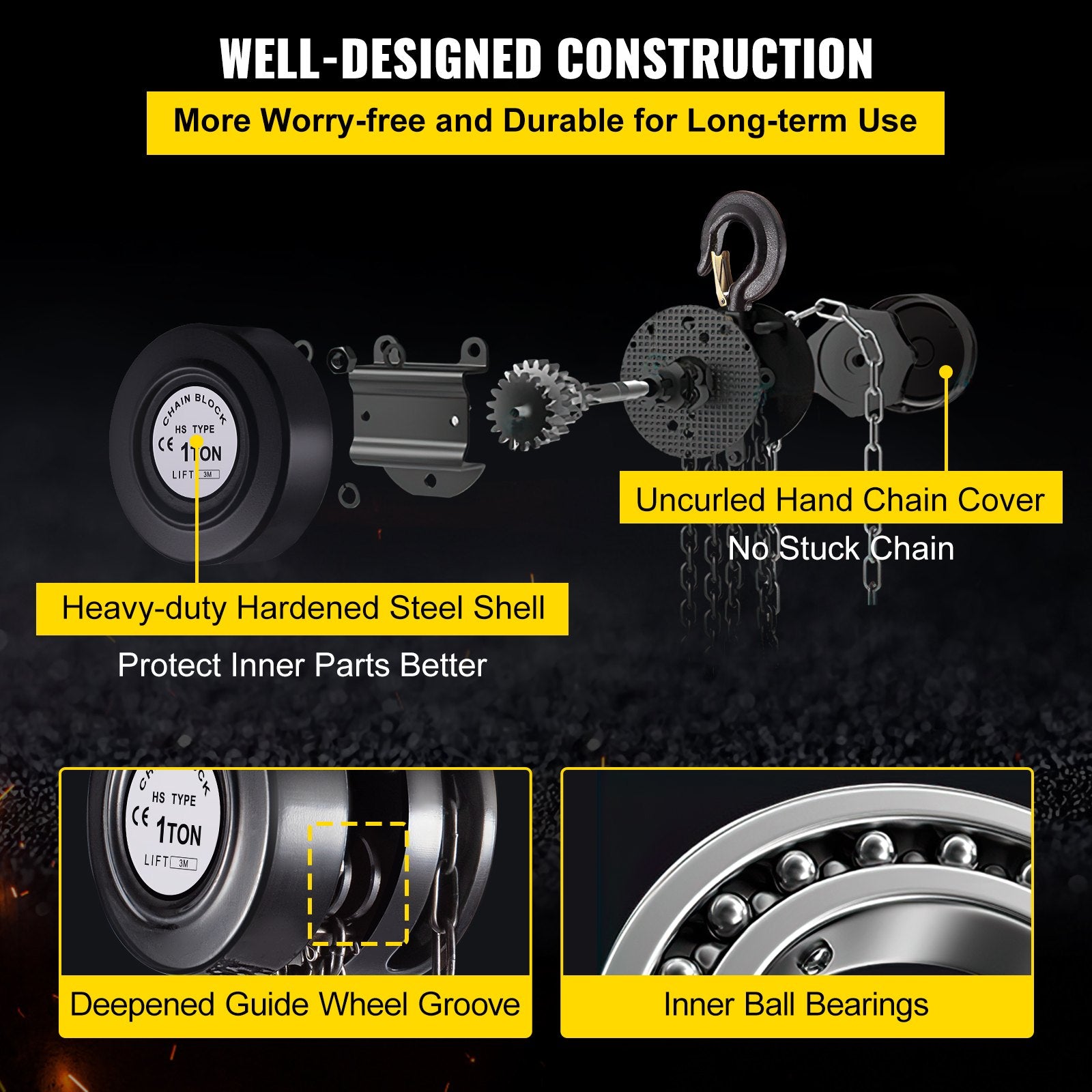 VEVOR Hand Chain Hoist, 2200 lbs /1 Ton Capacity Chain Block, 10ft/3m Lift Manual Hand Chain Block, Manual Hoist w/ Industrial-Grade Steel Construction for Lifting Good in Transport & Workshop, Black 
