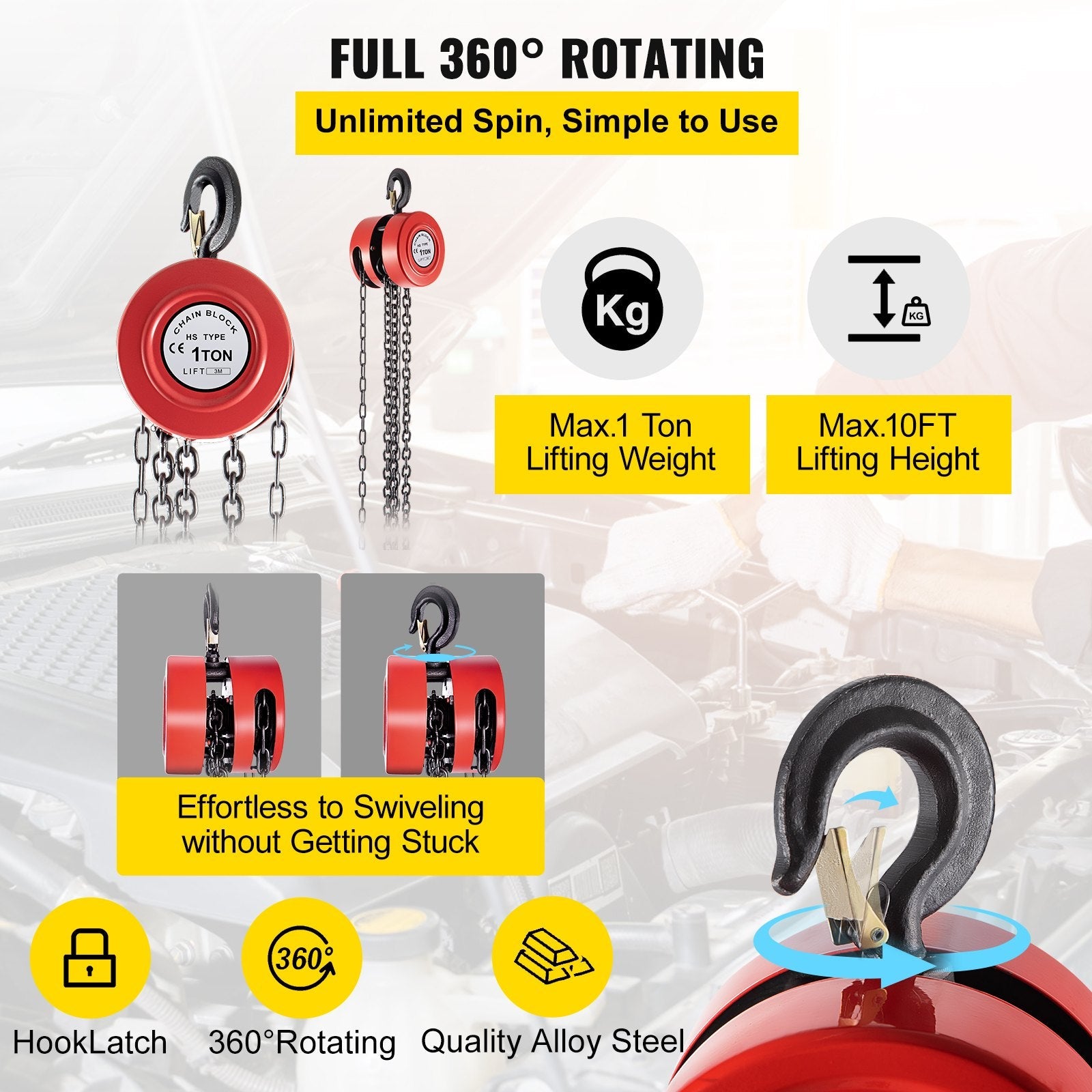 VEVOR Hand Chain Hoist, 2200 lbs /1 Ton Capacity Chain Block, 10ft/3m Lift Manual Hand Chain Block, Manual Hoist w/ Industrial-Grade Steel Construction for Lifting Good in Transport & Workshop, Red 