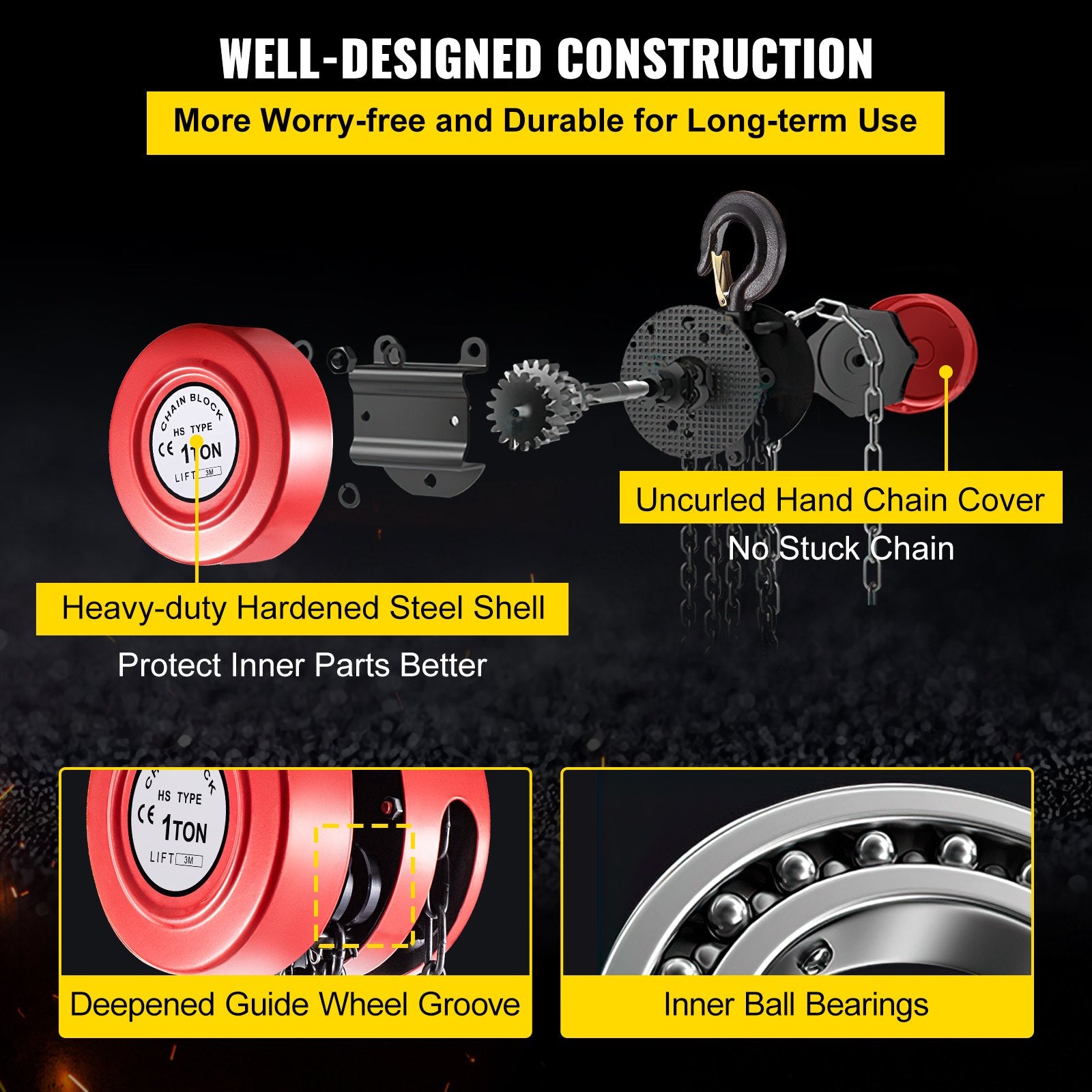 VEVOR Hand Chain Hoist, 2200 lbs /1 Ton Capacity Chain Block, 10ft/3m Lift Manual Hand Chain Block, Manual Hoist w/ Industrial-Grade Steel Construction for Lifting Good in Transport & Workshop, Red 