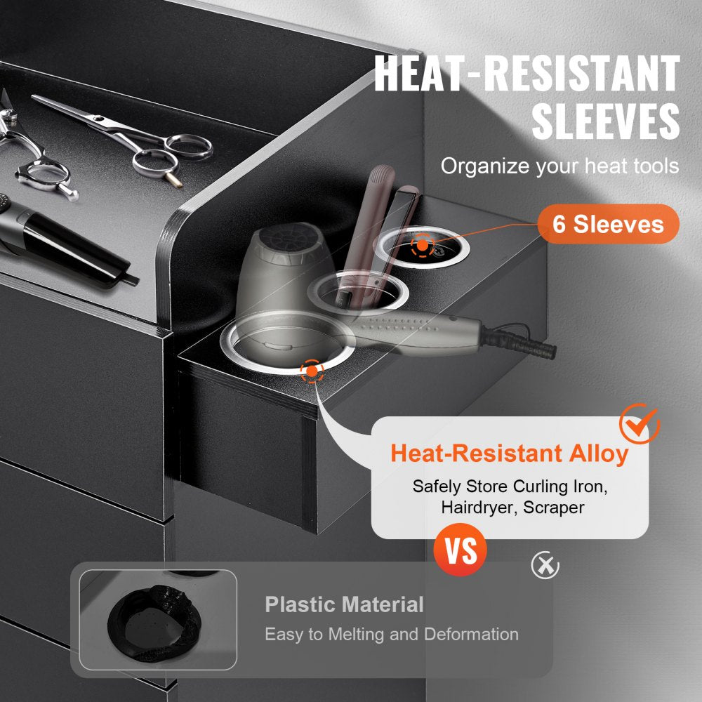 VEVOR Salon Storage Cabinet, Barber Salon Station for Hair Stylist, Hair Stylist Station Set, with 6 Sleeves, 1 Storage Cabinet, and 2 Drawers(One Lockable), Black 