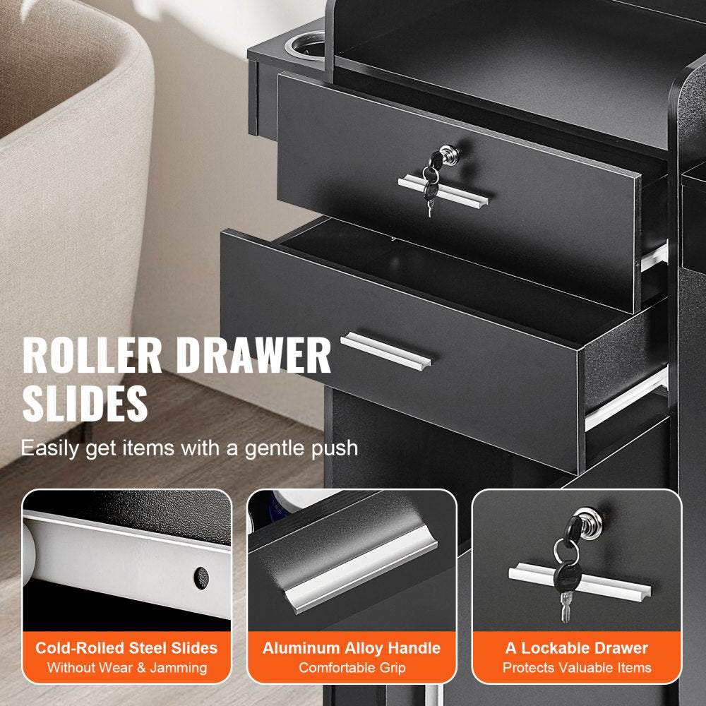 VEVOR Salon Storage Cabinet, Barber Salon Station for Hair Stylist, Hair Stylist Station Set, with 6 Sleeves, 1 Storage Cabinet, and 2 Drawers(One Lockable), Black 