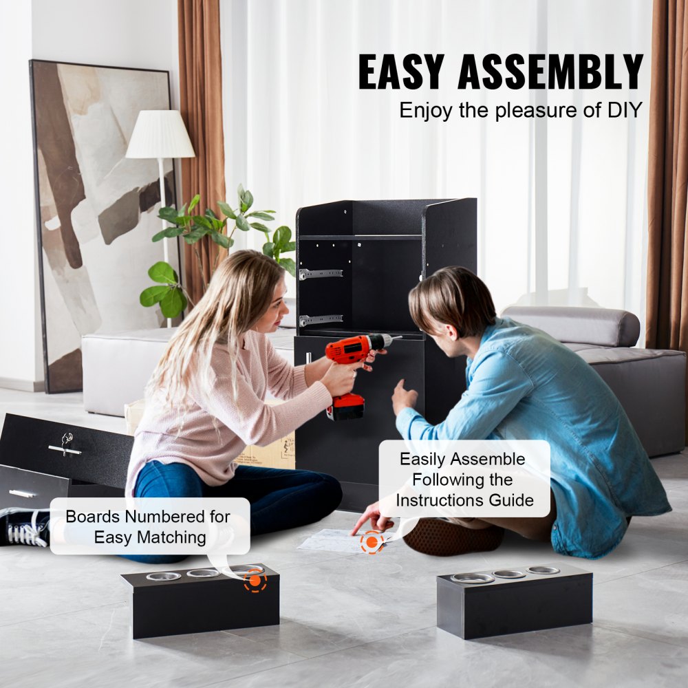 VEVOR Salon Storage Cabinet, Barber Salon Station for Hair Stylist, Hair Stylist Station Set, with 6 Sleeves, 1 Storage Cabinet, and 2 Drawers(One Lockable), Black 