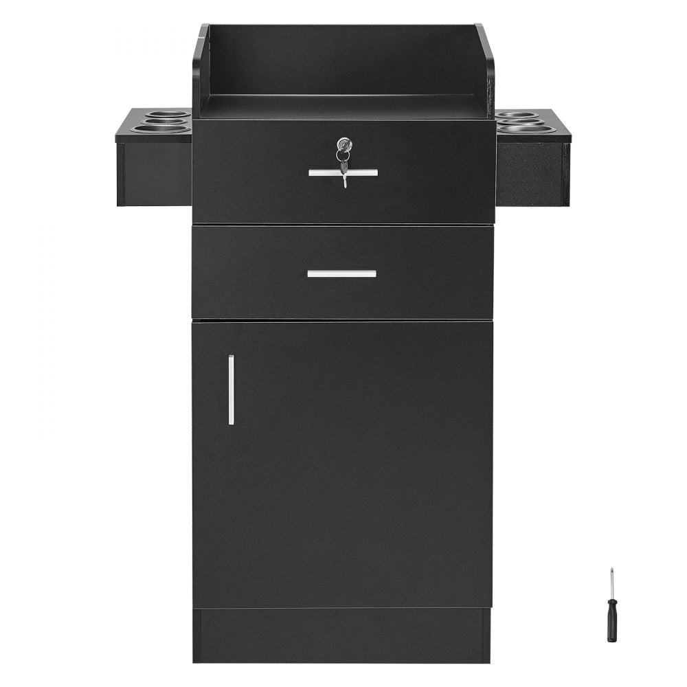 VEVOR Salon Storage Cabinet, Barber Salon Station for Hair Stylist, Hair Stylist Station Set, with 6 Sleeves, 1 Storage Cabinet, and 2 Drawers(One Lockable), Black 