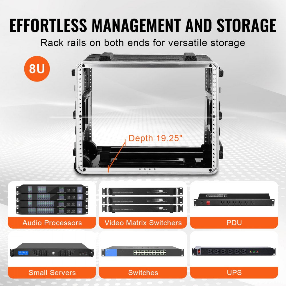 VEVOR 8U Rack Case Server Rack Cabinet 19 in Depth with ABS Construction Handle 