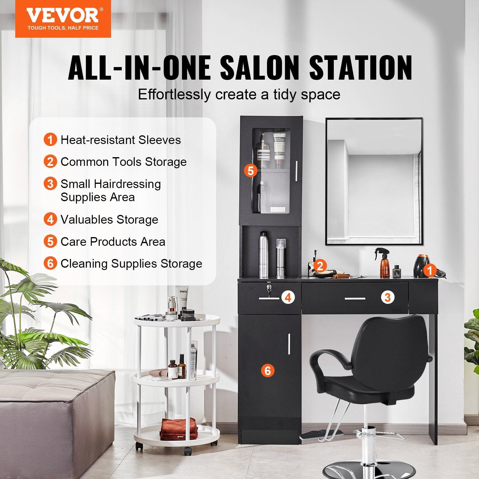VEVOR Salon Station, Wall Mount Barber Salon Station for Hair Stylist, Beauty Spa Furniture Set, 1 Storage Cabinet, 3 Cubbies and 2 Drawers(One Lockable), Black 