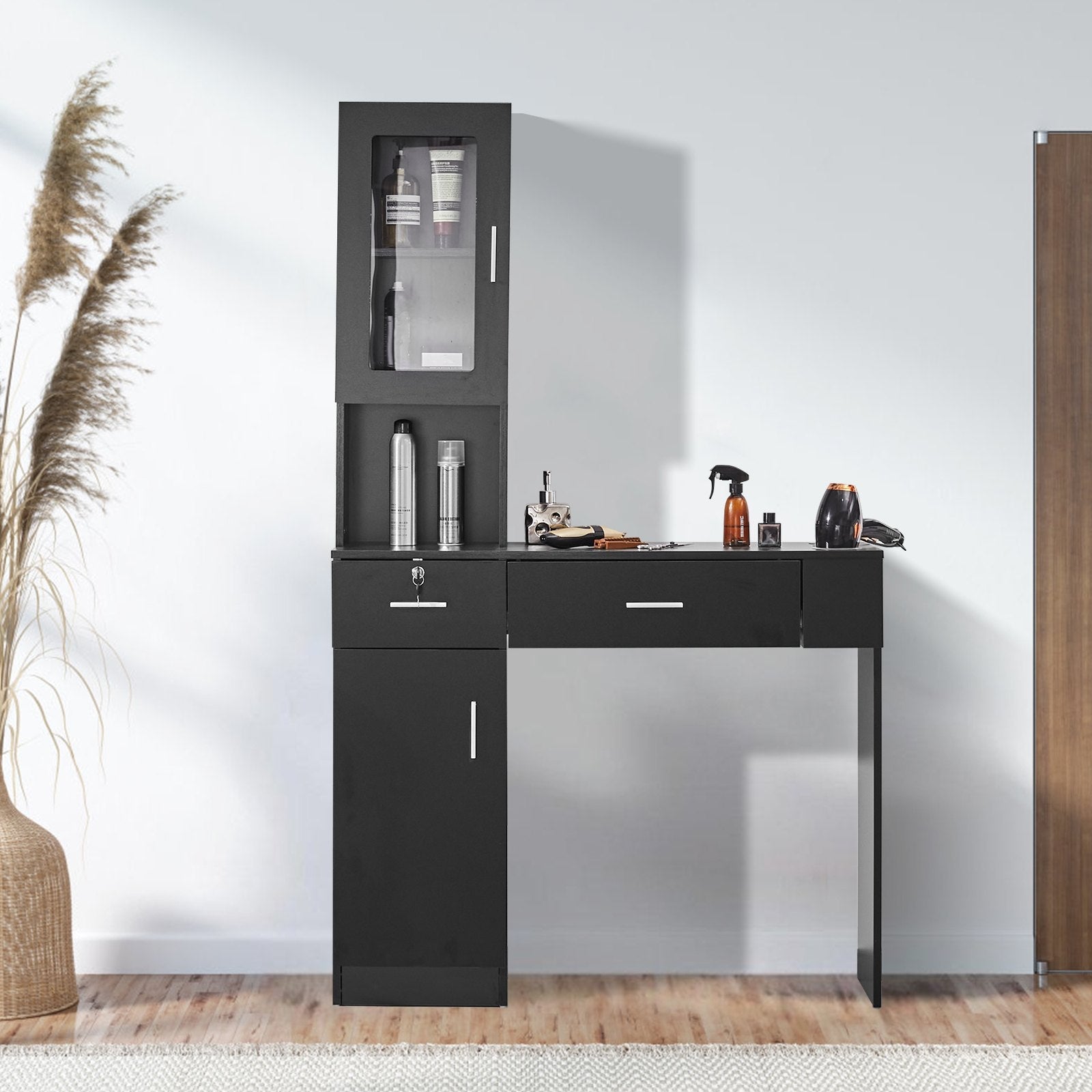VEVOR Salon Station, Wall Mount Barber Salon Station for Hair Stylist, Beauty Spa Furniture Set, 1 Storage Cabinet, 3 Cubbies and 2 Drawers(One Lockable), Black 