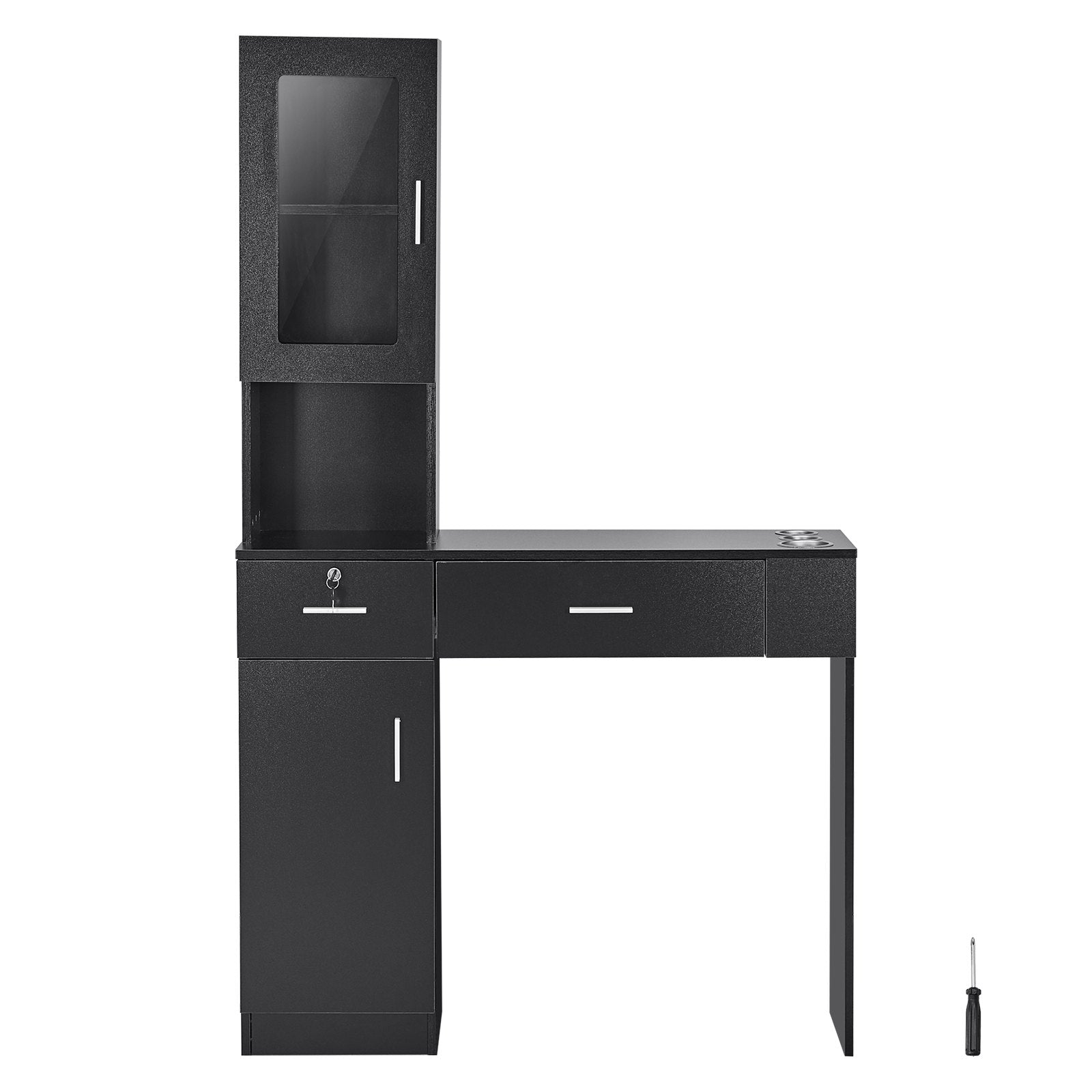 VEVOR Salon Station, Wall Mount Barber Salon Station for Hair Stylist, Beauty Spa Furniture Set, 1 Storage Cabinet, 3 Cubbies and 2 Drawers(One Lockable), Black 