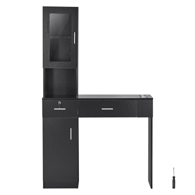 VEVOR Salon Station, Wall Mount Barber Salon Station for Hair Stylist, Beauty Spa Furniture Set, 1 Storage Cabinet, 3 Cubbies and 2 Drawers(One Lockable), Black 
