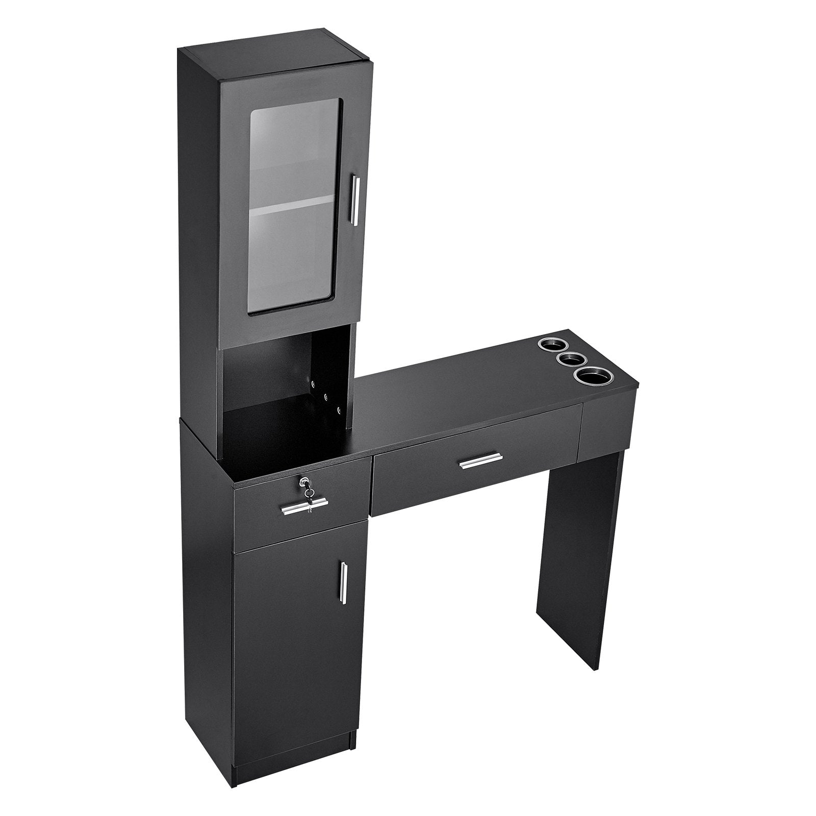 VEVOR Salon Station, Wall Mount Barber Salon Station for Hair Stylist, Beauty Spa Furniture Set, 1 Storage Cabinet, 3 Cubbies and 2 Drawers(One Lockable), Black 