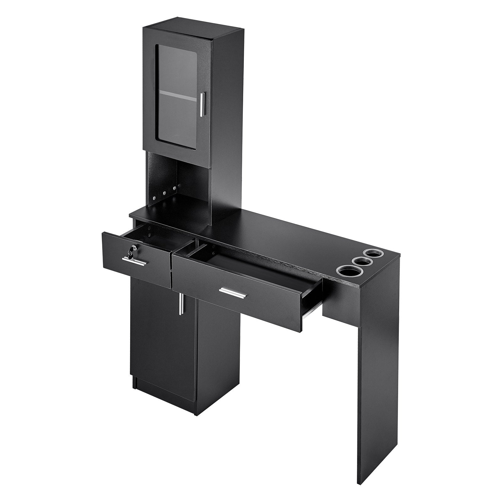 VEVOR Salon Station, Wall Mount Barber Salon Station for Hair Stylist, Beauty Spa Furniture Set, 1 Storage Cabinet, 3 Cubbies and 2 Drawers(One Lockable), Black 