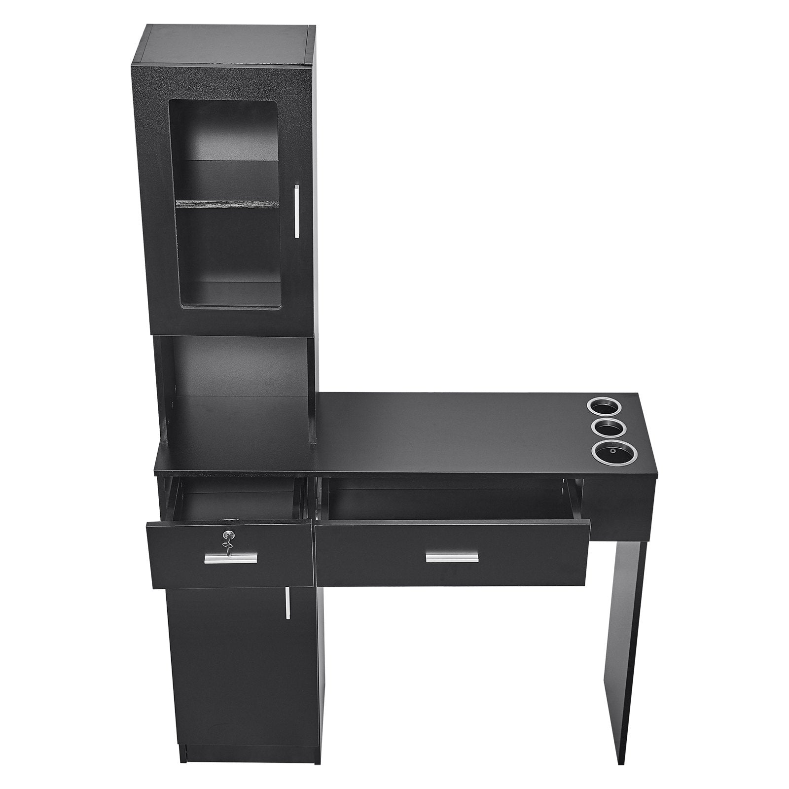VEVOR Salon Station, Wall Mount Barber Salon Station for Hair Stylist, Beauty Spa Furniture Set, 1 Storage Cabinet, 3 Cubbies and 2 Drawers(One Lockable), Black 