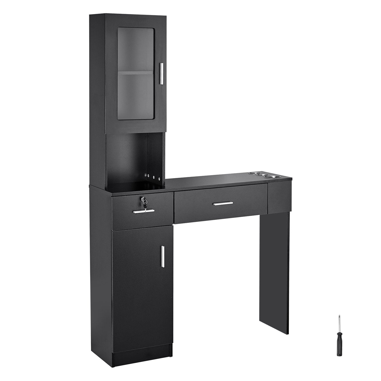 VEVOR Salon Station, Wall Mount Barber Salon Station for Hair Stylist, Beauty Spa Furniture Set, 1 Storage Cabinet, 3 Cubbies and 2 Drawers(One Lockable), Black 