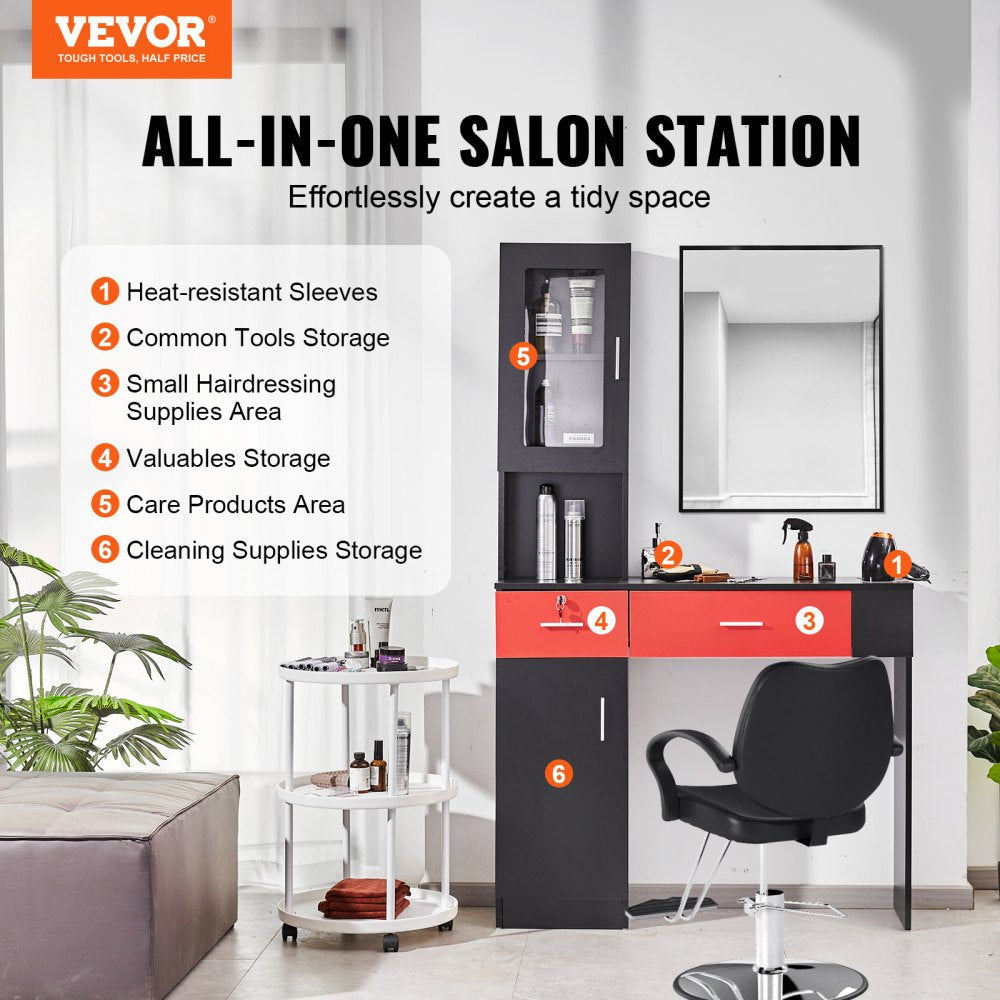 VEVOR Salon Station, Wall Mount Barber Salon Station for Hair Stylist, Beauty Spa Furniture Set, 1 Storage Cabinet, 3 Cubbies and 2 Drawers(One Lockable), Black and Red 