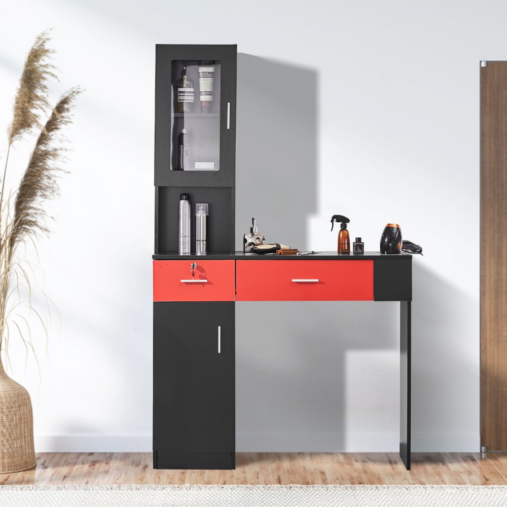 VEVOR Salon Station, Wall Mount Barber Salon Station for Hair Stylist, Beauty Spa Furniture Set, 1 Storage Cabinet, 3 Cubbies and 2 Drawers(One Lockable), Black and Red 