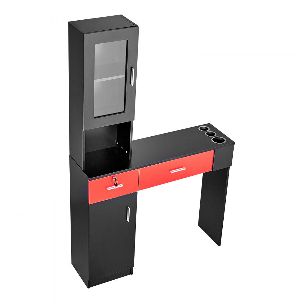 VEVOR Salon Station, Wall Mount Barber Salon Station for Hair Stylist, Beauty Spa Furniture Set, 1 Storage Cabinet, 3 Cubbies and 2 Drawers(One Lockable), Black and Red 